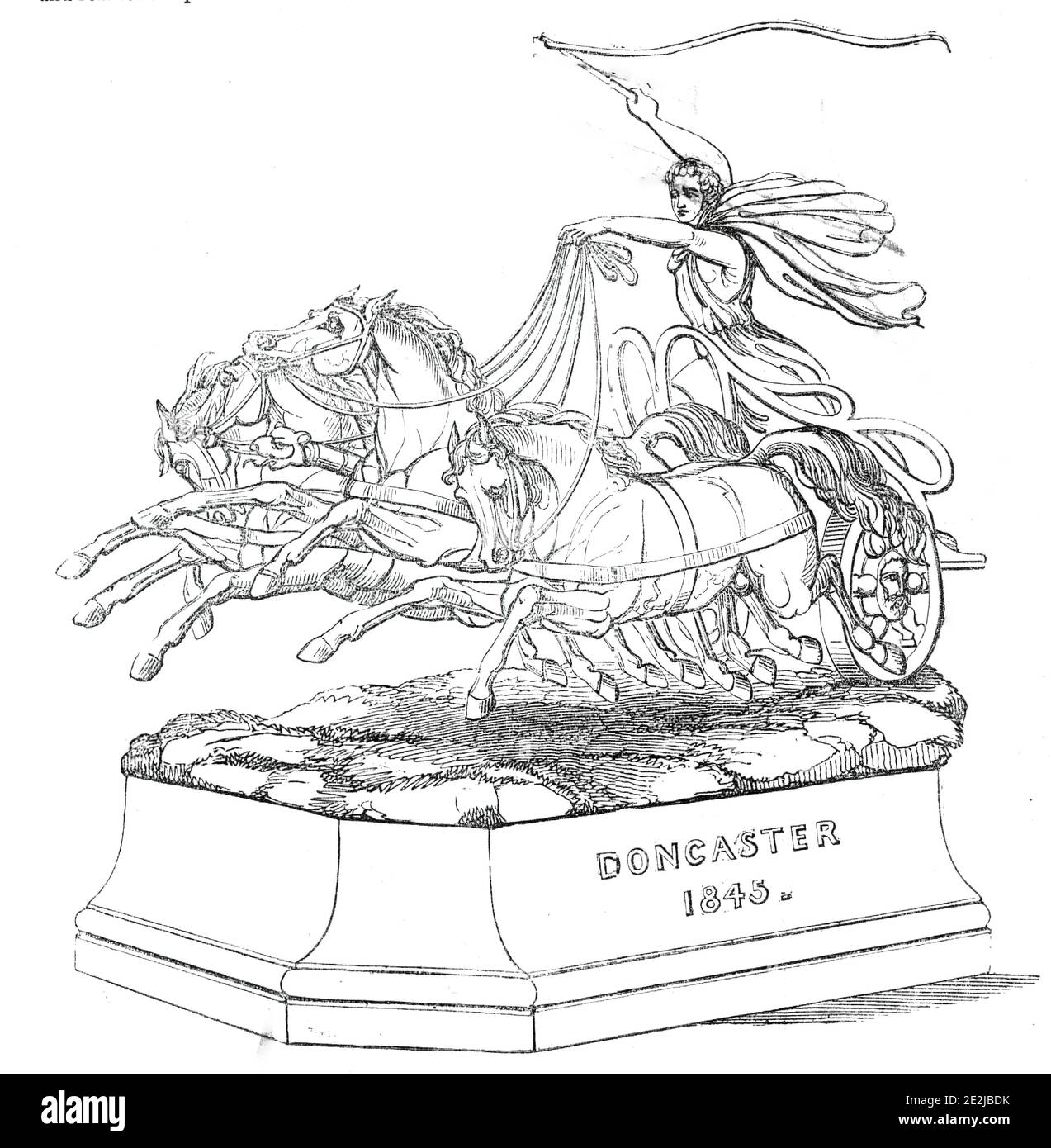 The Doncaster Cup, 1845. 'The design for this magnificent prize-plate is stated to have been suggested by the Right Honourable Earl Spencer; and it bears the impress of his truly classic mind. The composition represents Diomed in one of the ancient quadrigae, or four-horsed chariots and driver, at full speed...the fields in the group being bright green, and contrasting well with the silver-work and black marble base...The anatomical beauty of the horse, his muscular powers, and proportions, are admirably displayed. The design was sketched by Frank Howard; the horses were grouped by Macarthy; a Stock Photo