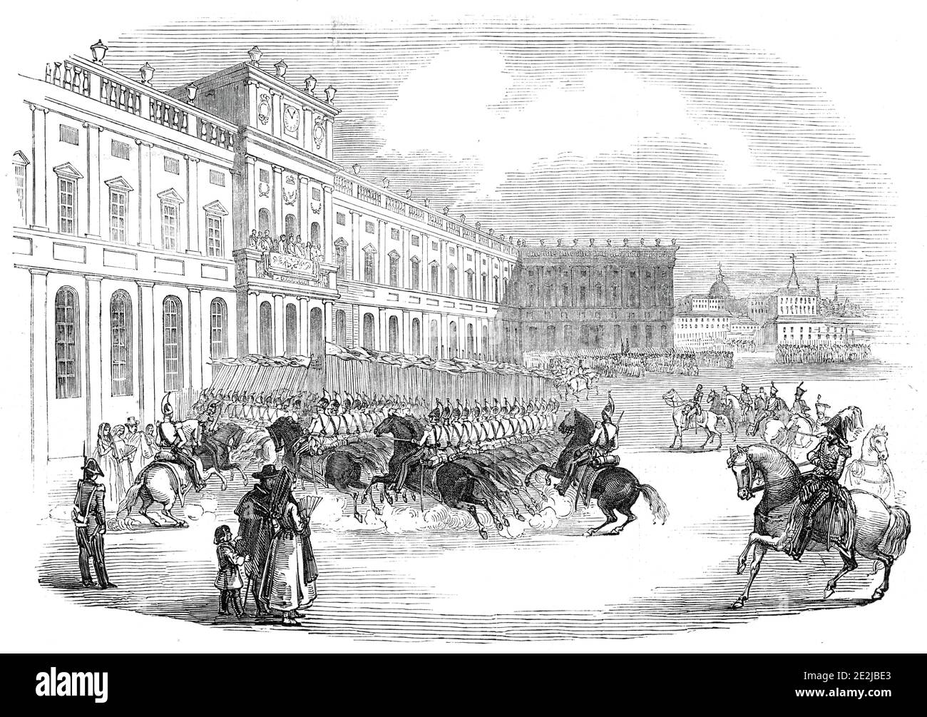 Grand Review at Madrid, 1845. '...Cavalry and Infantry, in the Court-yard of the New Palace at Madrid; her Majesty [Isabella II of Spain] and suite witnessing the spectacle from the balcony of one of the principal windows of the palace. As they defile, the troops salute her Majesty with long-repeated shouts, waving of swords, &amp;c., in token of their loyaly and attachment to their Sovereign'. From &quot;Illustrated London News&quot;, 1845, Vol VII. Stock Photo