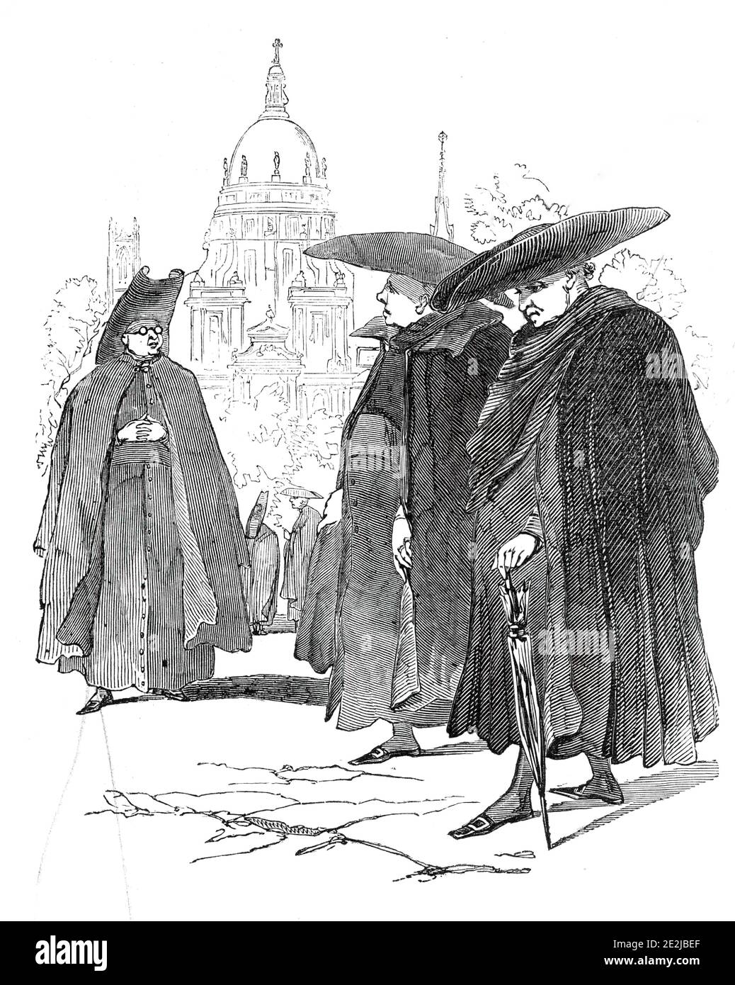 Priests, at Madrid, 1845. 'From gay to grave: a specimen of the Spanish clergy, who never appear in public without the capa, which, as it has no cape, is, in fact, a long black gown. Raphael has painted St. Paul in the cartoon, when preaching at Athens, wearing his cloak exactly as the Spanish people do at this moment. Whatever may be said of the capa, nothing can be more grotesque than the long projecting hat worn by the priesthood'. From &quot;Illustrated London News&quot;, 1845, Vol VII. Stock Photo