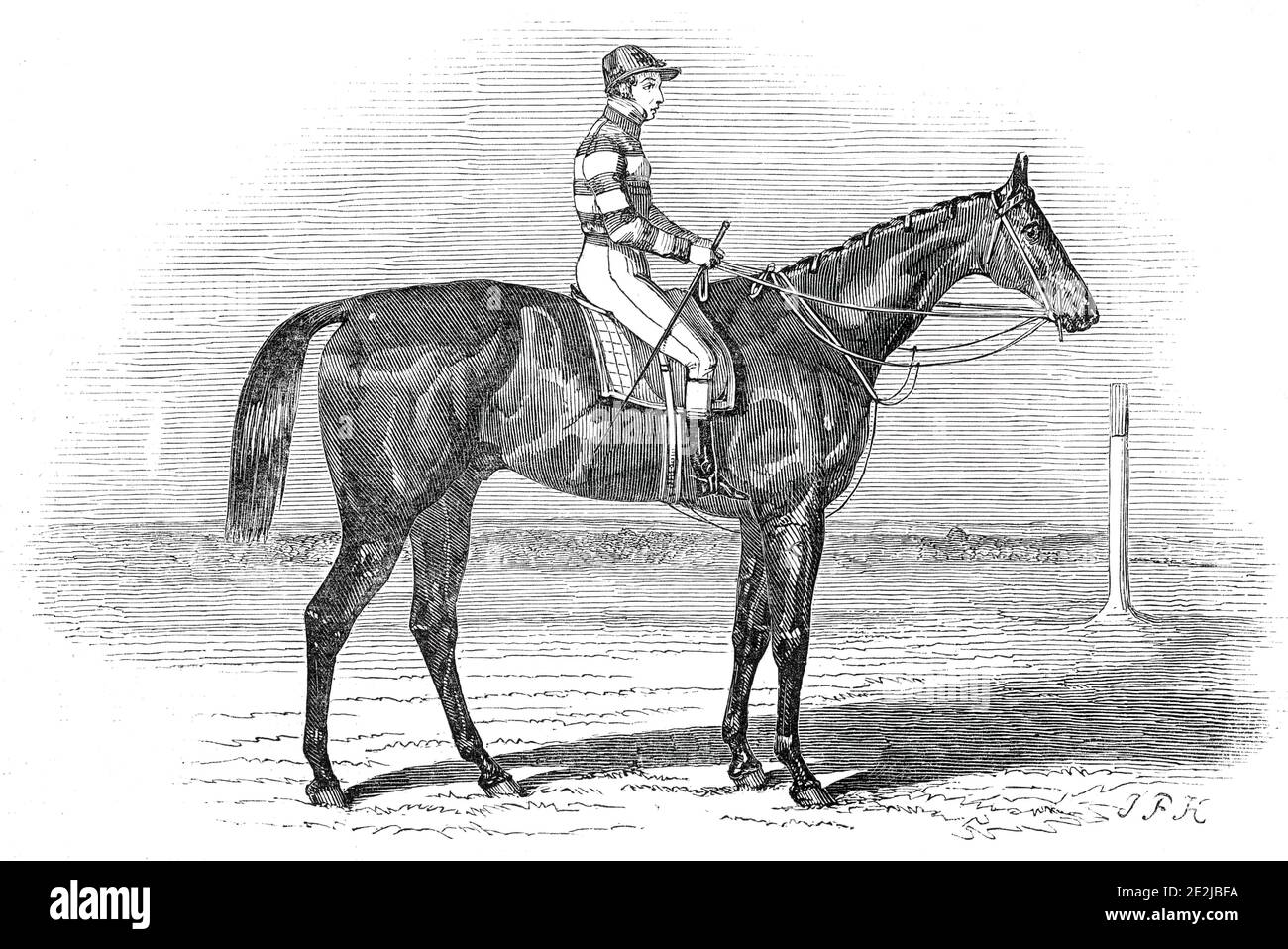 Sweetmeat, the winner of the Doncaster Plate, 1845. Jockey George Whitehouse on racehorse Sweetmeat. 'The winner of the Piece of Plate at Doncaster, is a dark-brown Colt, three years old, free from white, and not more than fifteen hands and a half high. He is, altogether, a very racing-looking nag, although possessing no peculiar points. His head is neat, and well set on to a light neck; his shoulders are strong, and well inclined back; large fore and back ribs...with excellent flat legs, and sound feet...The Messrs. Baily, Brothers, of Royal Exchange-buildings, Cornhill, have in the hands of Stock Photo