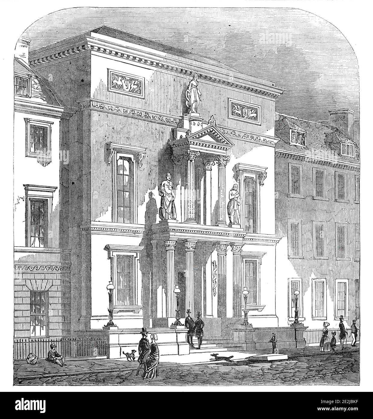 New Physicians' Hall, Edinburgh, 1845. Offices of the Royal College of Physicians in Queen Street, designed by Thomas Hamilton. 'The top figure of the facade is that of Hygeia, the Goddess of Health. The other two represent Aesculapius and Hippocrates. They are sculptured by Mr. Alexander Ritchie...'. The RCPE was formed by royal charter in 1681, which '...excluded any but licentiates from practising medicine under a penalty of forty shillings...The College also had the unenviable privilege of searching and inspecting...&quot;all drugs and medicine...and such as shall be found bad and unwholes Stock Photo