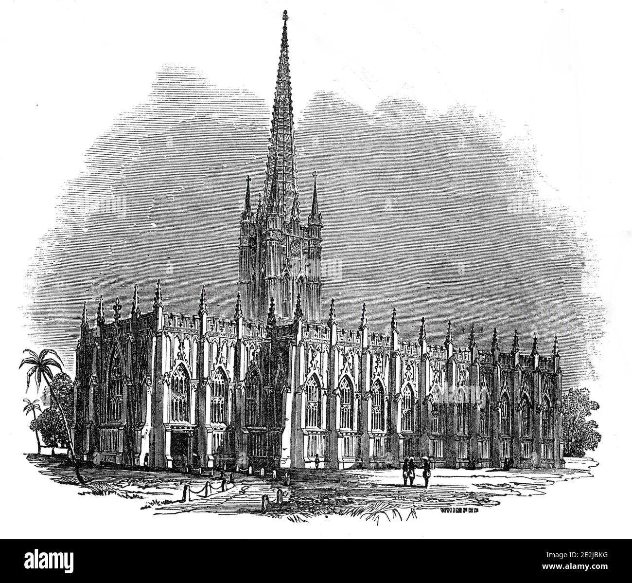 St. Paul's Cathedral, Calcutta, 1845. New Victorian Gothic church in India. '...the architect is Colonel Forbes, of the Engineers. The style of architecture is Gothic, or, as Mr. Britton terms it, Christian, modified by circumstances, that is, Indo-Gothic, or Indo Christian, if such words may be allowed...'. Daniel Wilson, Bishop of Calcutta, wrote: &quot;My appreciation of the spiritual importance of the Cathedral as the first beginning of an indigenous Ministry, and the first Missionary institution not dependent on friends and societies at home, commenced in India, is higher than it ever was Stock Photo