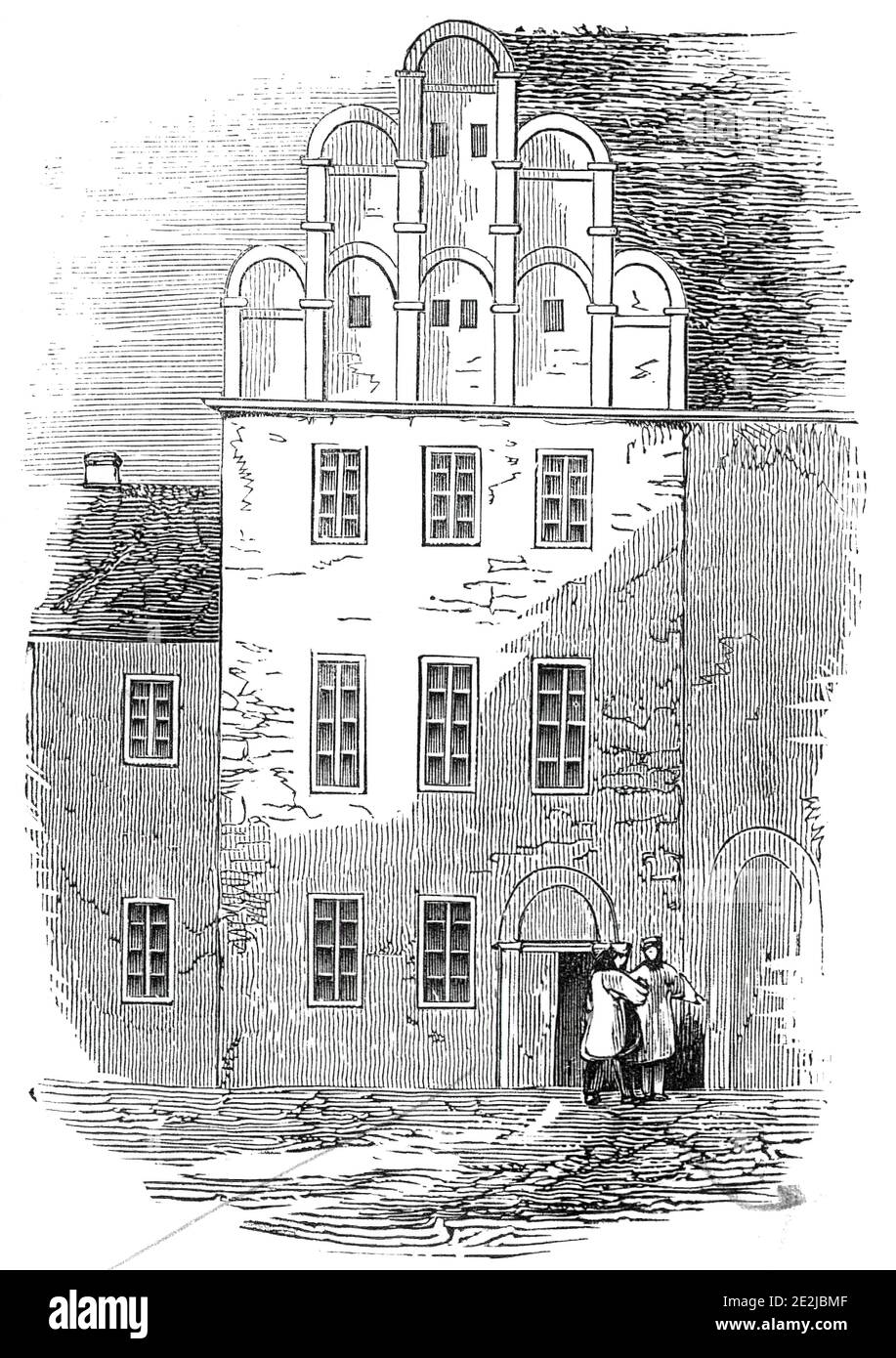 Melancthon's House, at Wittenberg, 1845. The Melanchthonhaus, home of German theologian and Protestant reformer Philipp Melanchthon, at Wittenberg in Germany. It is a Renaissance building with late Gothic arched windows and the broad-tiered gables. From &quot;Illustrated London News&quot;, 1845, Vol VII. Stock Photo