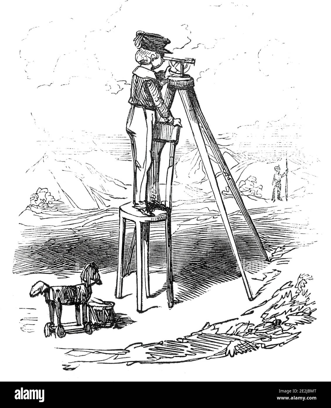 Boy using surveying instrument, 1845. Illustration to 'Railway Mania', a story by Alfred Crowquill, a satire on the obsession with the railways, a recent innovation in Britain at the time. '...straight a-head goes the surveyor, with his theodolite, and, in a few weeks, whiz! comes the engine; and, if you stand in the way, to expostulate in favour of your kitchen-garden, make up your mind to scaldings. Surveyors, by the by, are now getting exceedingly scarce; they are advertised for at their own prices; whilst advertising masters promise to perfect gentlemen in the art of surveying, in twelve l Stock Photo