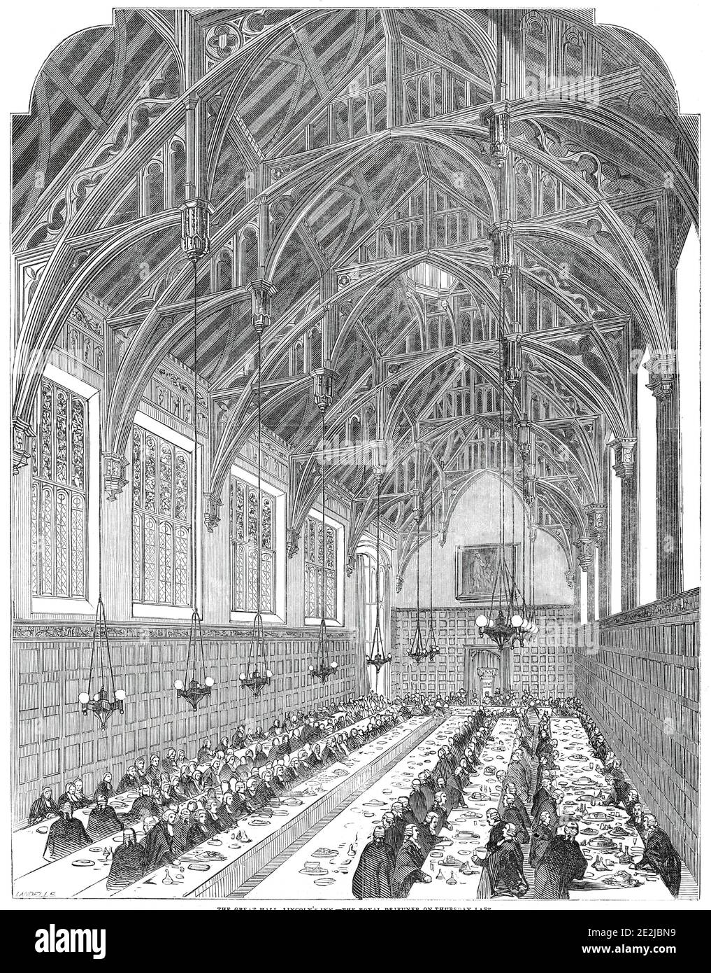 The Great Hall, Lincoln's Inn - the Royal Dejeuner, 1845. Banquet in the Great Hall at Lincoln's Inn, one of the Inns of Court at Holborn in London. The new complex was designed by Philip Hardwick. The Hall features a '...fine open timber roof of oak...', and '...is admirably lit by six large windows on each side, beneath which is oak panelling...'. From &quot;Illustrated London News&quot;, 1845, Vol VII. Stock Photo