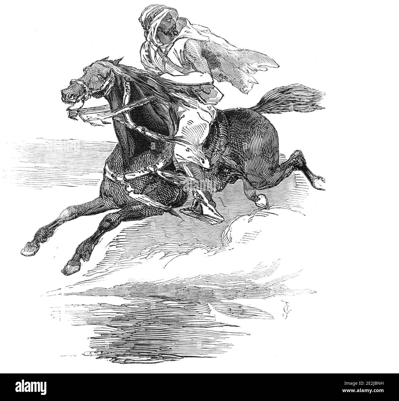 Mounted Arab courier, 1845. British naval officer Thomas Fletcher Waghorn pioneered a new route from Great Britain to India overland through Egypt before the construction of the Suez Canal in the 1860s. Waghorn claimed his route reduced the journey from over 11,000 miles (18,000 km) to 6,000 miles (9,700 km), taking between 35 and 45 days. At the time, steamships carrying mail took about three months to sail via the Cape of Good Hope. Waghorn's route consisted of a combination of steamship and horses. From Suez, '...the Express passed on to Cairo, carried by Couriers on horseback, 84 miles acr Stock Photo