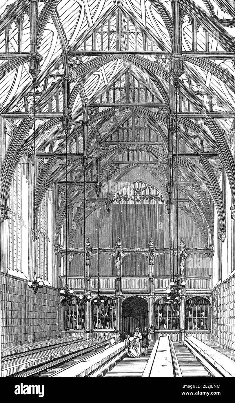 The Great Hall, south end, Lincoln's Inn New Buildings, 1845. Great Hall at Lincoln's Inn, one of the Inns of Court at Holborn in London. The new complex was designed by Philip Hardwick. The Hall features a '...fine open timber roof of oak...', and '...is admirably lit by six large windows on each side, beneath which is oak panelling...'. From &quot;Illustrated London News&quot;, 1845, Vol VII. Stock Photo