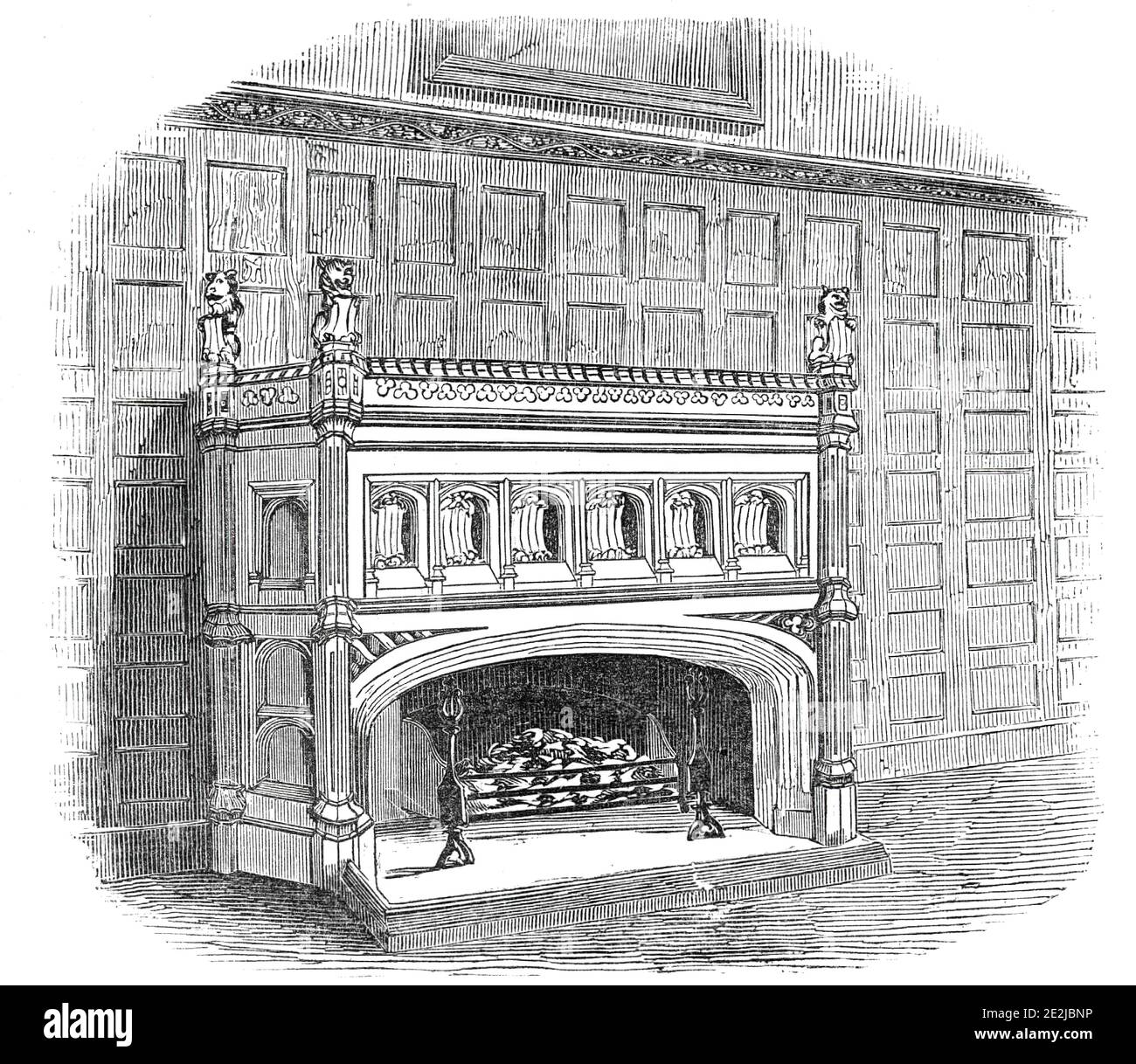 Drawing-room chimney piece, Lincoln's Inn New Buildings, 1845. Mantelpiece and open fire at Lincoln's Inn, one of the Inns of Court at Holborn in London. The new complex was designed by Philip Hardwick. From &quot;Illustrated London News&quot;, 1845, Vol VII. Stock Photo