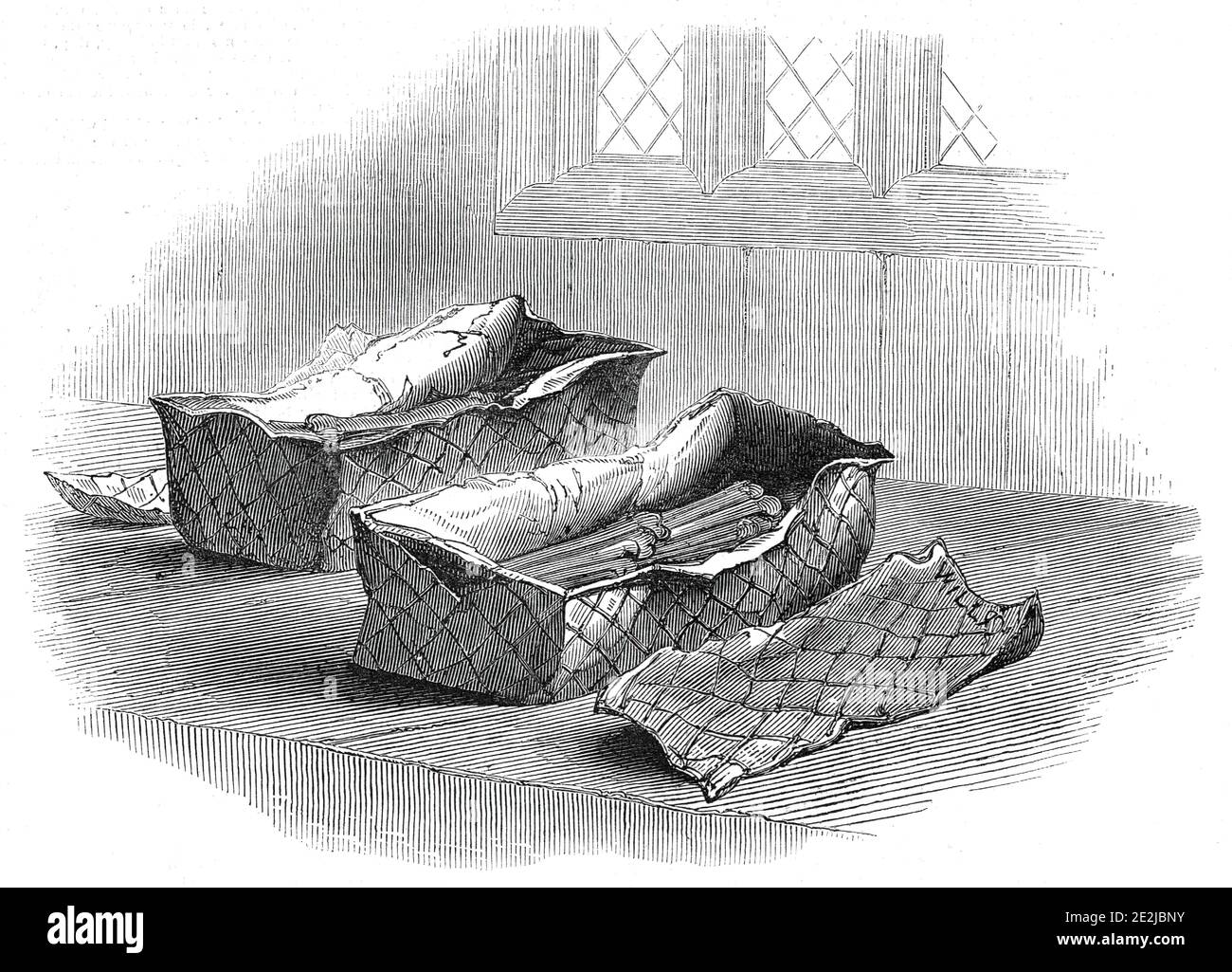 The cists in Southover Church, 1845. 11th-century human remains found in the ruins of the 'ancient Priory of Lewes' in Sussex, during the construction of a railway line. '...the workmen exposed a leaden Cist, or coffer, surrounded by a few square Caen stones. After clearing away the soil, the Cist was carefully removed, and, on being opened, was found to contain human bones, proved to be the remains of Gundreda, daughter of William the Conqueror, the name &quot;GVNDRADA,&quot; as it is spelt, being cut upon the lid....'. A second cist was found, '...and on the lid is inscribed WILLMs, an old b Stock Photo