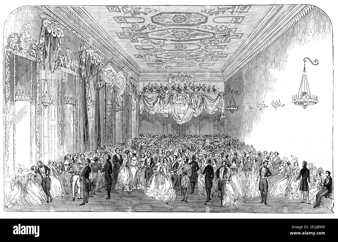 The Nobility's Ball, in the Banqueting-Room of Harewood House, 1845. Celebrations at Harewood House near Leeds in Yorkshire. 'The events which gave rise to the Festival were the Coming of Age, and Marriage, of Lord Viscount Lascelles, the eldest son of the present Earl of Harewood...a magnificent Ball was given to upwards of 700 of the nobility and gentry, which was kept up with great spirit until five o'clock. The Banqueting Room was most superbly refitted for the occasion...'. From &quot;Illustrated London News&quot;, 1845, Vol VII. Stock Photo