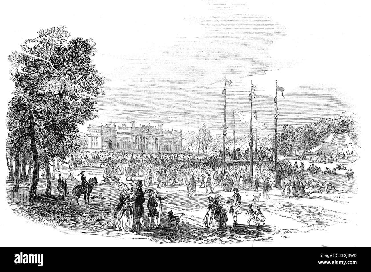 Rustic sports in the Park - north view of Harewood House, 1845. Celebrations at Harewood House near Leeds in Yorkshire. 'The events which gave rise to the Festival were the Coming of Age, and Marriage, of Lord Viscount Lascelles, the eldest son of the present Earl of Harewood...The juvenile company adjourned to the lawn opposite the north front, where the boys amused the girls by playing at football, bobbing for apples in water, diving for silver in flour, dancing, &amp;c., until dark; when they returned home, and were amused in their way in the village with fire balloons and fireworks'. From Stock Photo