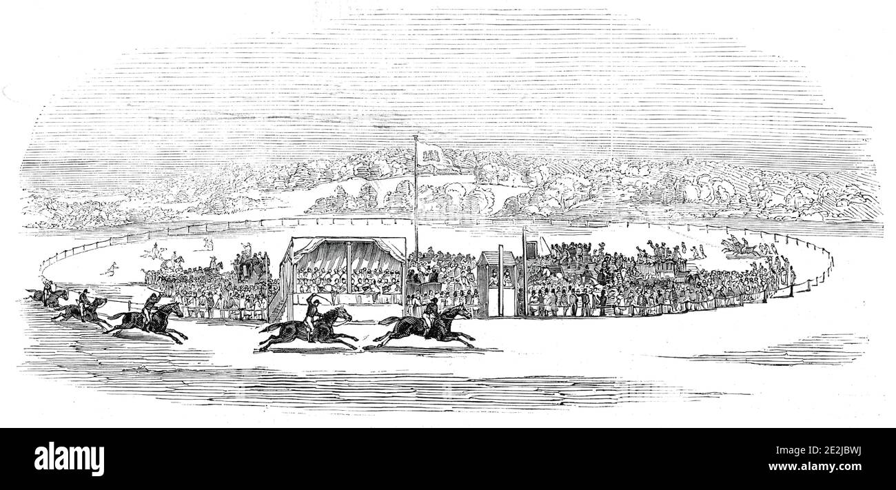 Races at Wheat Croft - Col. Thompson's &quot;Hamlet&quot; winning the Lascelles Cup, 1845. '...Horse-races, in Wheat Croft, a piece of land well adapted for a course, on the south side of the river Wharfe, and very near to Harewood-bridge [at Harewood near Leeds in Yorkshire]...The prizes were all the gift of the Earl of Harewood, and were contended for by his tenants only; except &quot;The Lascelles Cup,&quot; which was subscribed for by several of the nobility and gentry of the neighbourhood, who were also the competitors for the prize: it is of the value of about Eighty Guineas. The course Stock Photo