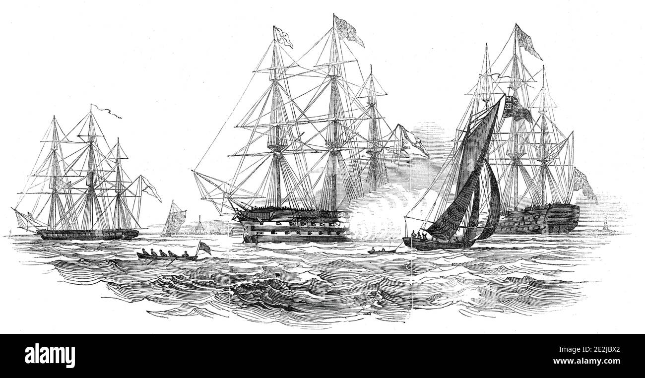 The Ingermanland, 74, with His Imperial Highness the Grand Duke Constantine on board, saluting the Admiral at Plymouth, 1845. Grand Duke Konstantin Nikolayevich of Russia arrives in England. 'The Ingermanland was accompanied by the Russian corvette Vaarshafsky, 30 guns, Captain Glassenap. The corvette is very large; mounting 30 guns, besides swivels...The Royal visitor, who is the second son of the Emperor, assumes only the honours of a lieutenant in the Imperial navy, in which rank he is now serving on board the Ingermanland. Our illustration, from a drawing by Mr. N. M. Condy, shows the Inge Stock Photo