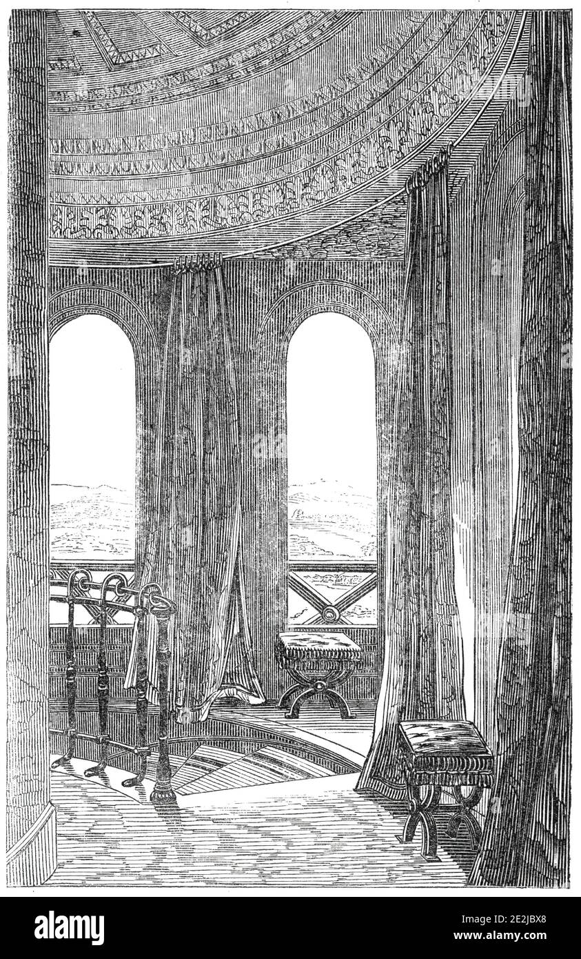 Interior of the Lantern, Lansdown Tower, 1845. Interior of an architectural folly built for British art collector William Beckford near Bath, Somerset. It was designed by Henry Goodridge. The house and contents were auctioned after Beckford's death in 1844. '...a portion of the room within the Lantern: the latter...is copied from the Choragic Monument of Lyncrates, at Athens. The windows of the Lantern are of plate glass, moving in perpendicular grooves; the wind, at this height, being exceedingly violent, great strength of material is necessary. The curtains of the room are crimson; and, in M Stock Photo