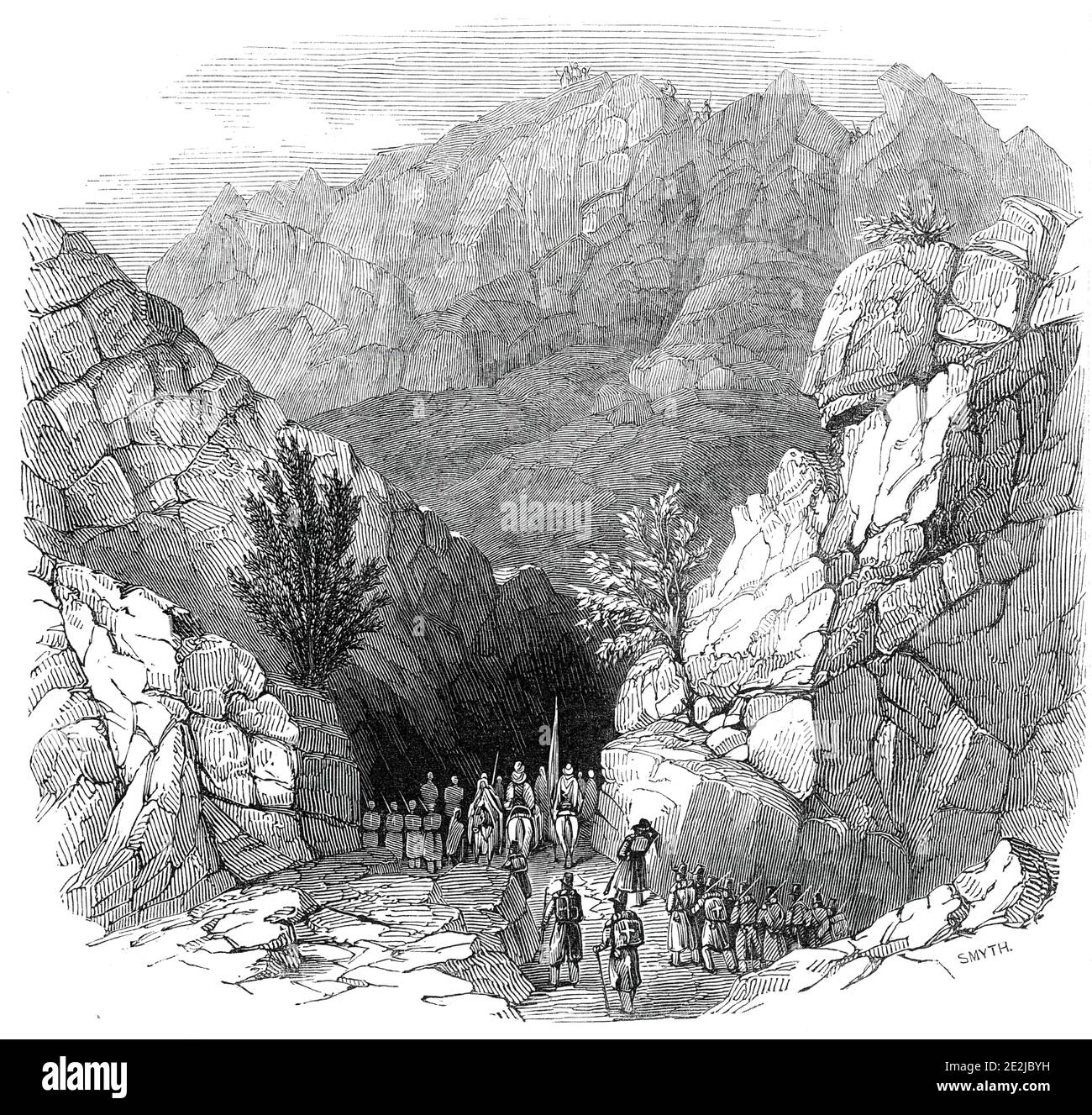 Algeria - passage of the Iron Gates, 1845. French colonialism in North Africa: '...an illustration of the Warfare in Algeria; with, glimpse of its Mountain Scenery; copied from a painting by a celebrated French artist...Various official despatches...clearly show that the subjection of the hostile tribes is not a very easy task...a despatch from Marshal Bugeaud...gives an account of his march in the mountains of the Matmatas, in search of the absconding tribes, and his endeavours to punish the mountaineers, who had taken part in the revolt...in several skirmishes...the Arabs offered a vigorous Stock Photo