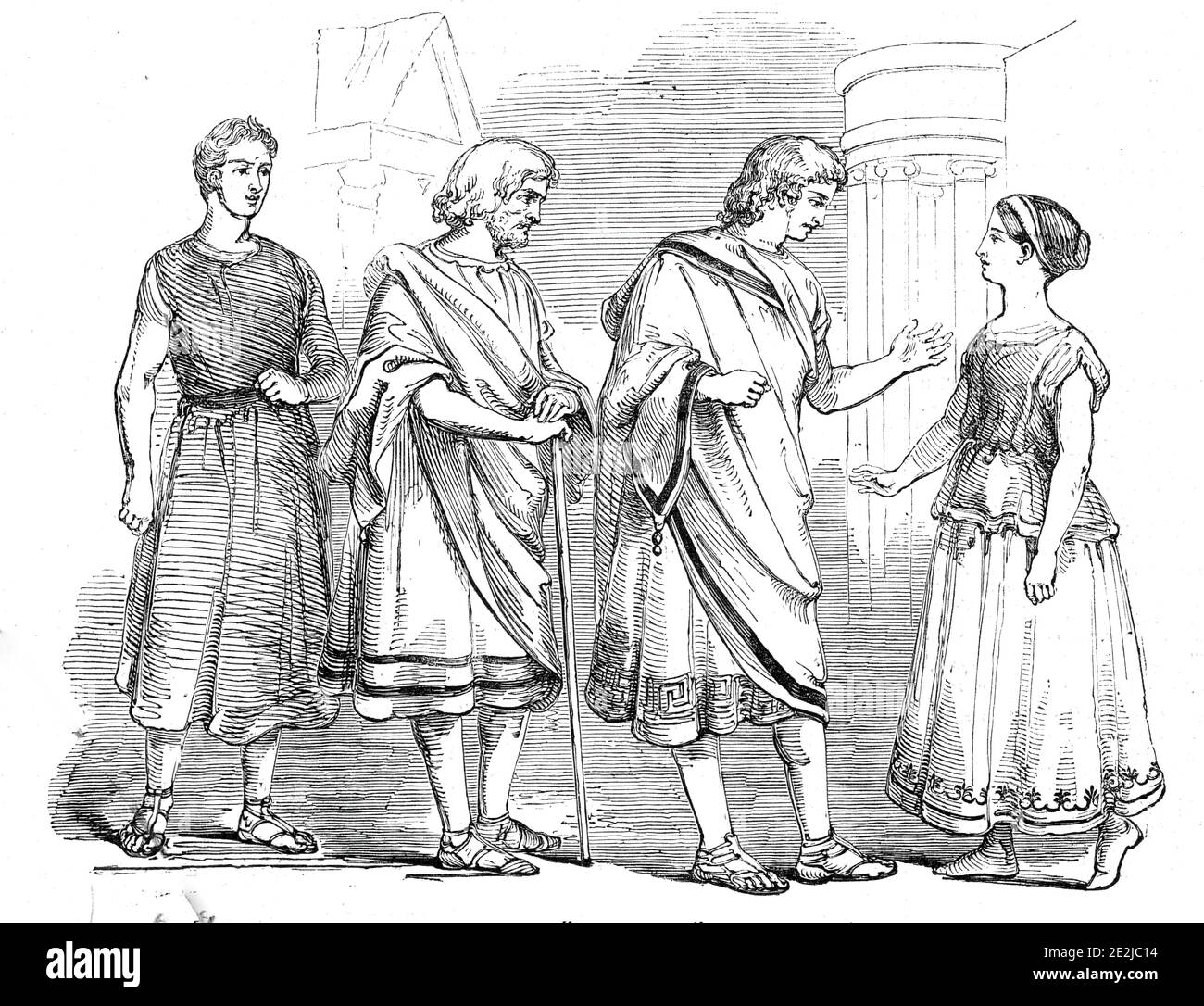 Westminster School - scene from &quot;The Andria&quot; of Terence, 1845. Public school production of an ancient Roman comedy, Act IV, Scene 11: 'Of the costume...we must speak in the highest terms. All was Greek, and correct. The young Pamphilus wore his chlamys with the grace of an Antinous; while old Simo draped his pallium decorously and classically. The acting was hardly up to the average. We may except the Davus of Mr. Milman, which was roguish and significant enough...the enunciation was as distinct, the parts as perfectly committed to memory as ever...The Epilogue, with its allusions to Stock Photo