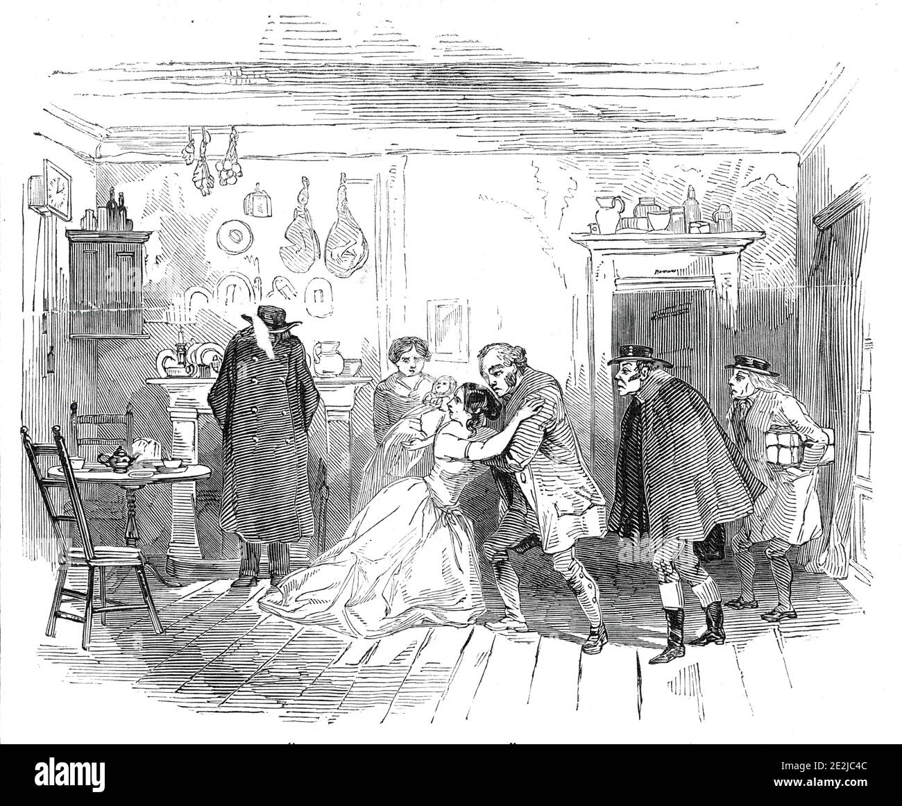 Scene from &quot;The Cricket on the Hearth&quot;, at the Lyceum Theatre, 1845. London stage production of '... Mr. [Charles] Dickens's new Christmas book, &quot;The Cricket on the Hearth,&quot; dramatised by Mr. Albert Smith...it is long since we have witnessed such enthusiasm as that evinced by the audience upon the fall of the curtain...The cast was as follows: John Peerybingle, Mr. Emery; Tacklelon (the toy merchant), Mr. Meadows: Caleb Plummer, Mr. Keeley; The Stranger, Mr. F. Vining ; Dot, Mrs. Keeley; Bertha, Miss Mary Keeley (her first appearance on any stage); Tilly Slowboy, Miss Turne Stock Photo
