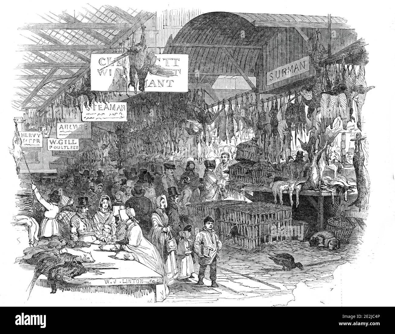 Leadenhall Market, on Christmas Eve, 1845. Meat and poultry for sale in the City of London. 'Leadenhall Market, the great place for poultry, game, and rabbits; the returns for which, in one year, equal half a million of money...It is related that Don Pedro de Ronquillo once said to Charles II., that he believed there to be more meat sold in Leadenhall Market alone in one week, than in all the kingdom of Spain in a year'. From &quot;Illustrated London News&quot;, 1845, Vol VII. Stock Photo