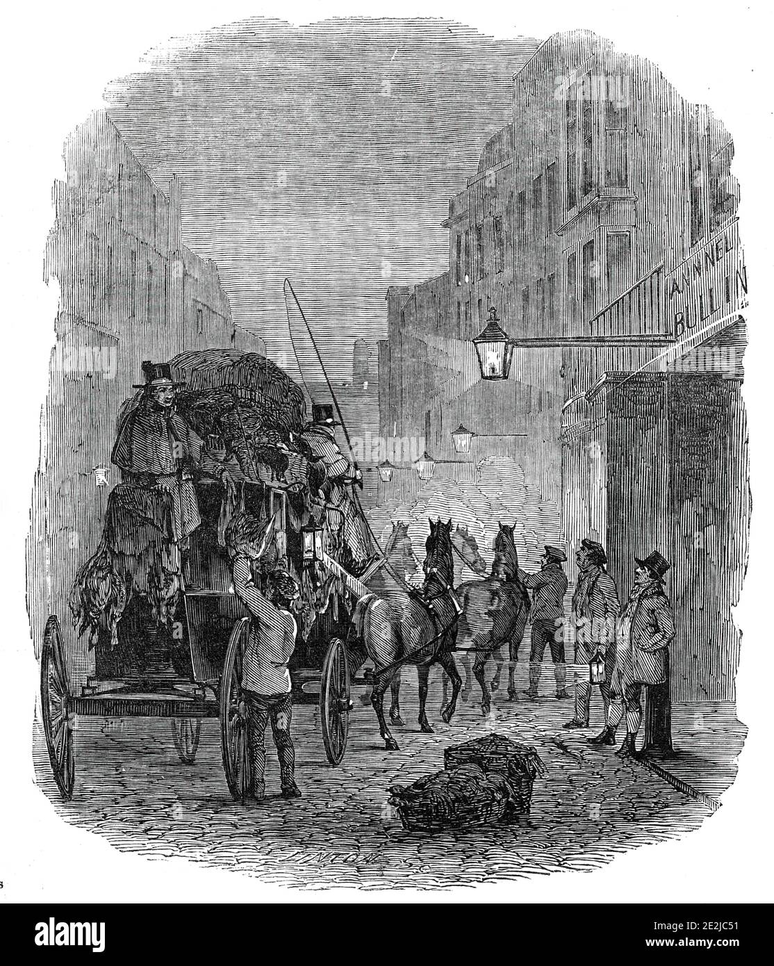 Norfolk Coach, 1845. Goods are loaded onto a former passenger coach outside The Bull Inn. 'The Norfolk Coach may almost be termed a relic of other days, so nearly has the railway locomotive superseded the stage coach. There are many of these vehicles to spare for such purposes as that shown in our Illustration; where geese are inside passengers'. From &quot;Illustrated London News&quot;, 1845, Vol VII. Stock Photo