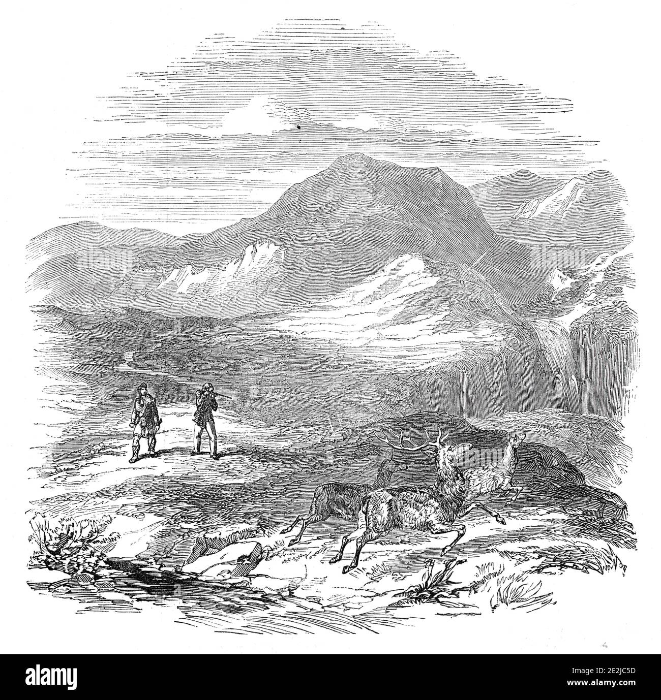 Prince Albert and Lord Glenlyon deer-stalking at Athol, 1844. The Prince Consort and George Murray, 6th Duke of Atholl, hunting deer at Blair Atholl in Scotland. From &quot;Illustrated London News&quot;, 1844, Vol V. Stock Photo