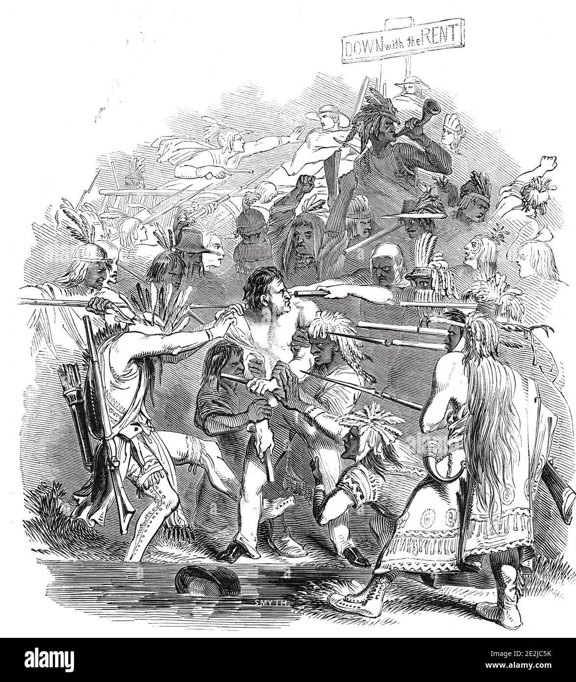 Anti-rent insurrection - attack on the Sheriff of Albany, 1844. White settlers demand payment from indigenous Americans, with consequences: '...the Sheriff himself was held down in a ditch, and pistols were pointed at his head, and he was threatened with death, unless he gave up his papers, to which he replied, &quot;Shoot away; I never will give up while I am alive&quot;. The Indians then proceeded to tar and feather the Sheriff, but without making any impression on the indomitable temper ol the Sheriff, who, on being asked by an Indian, who was holding a pistol at his head, what he would do Stock Photo
