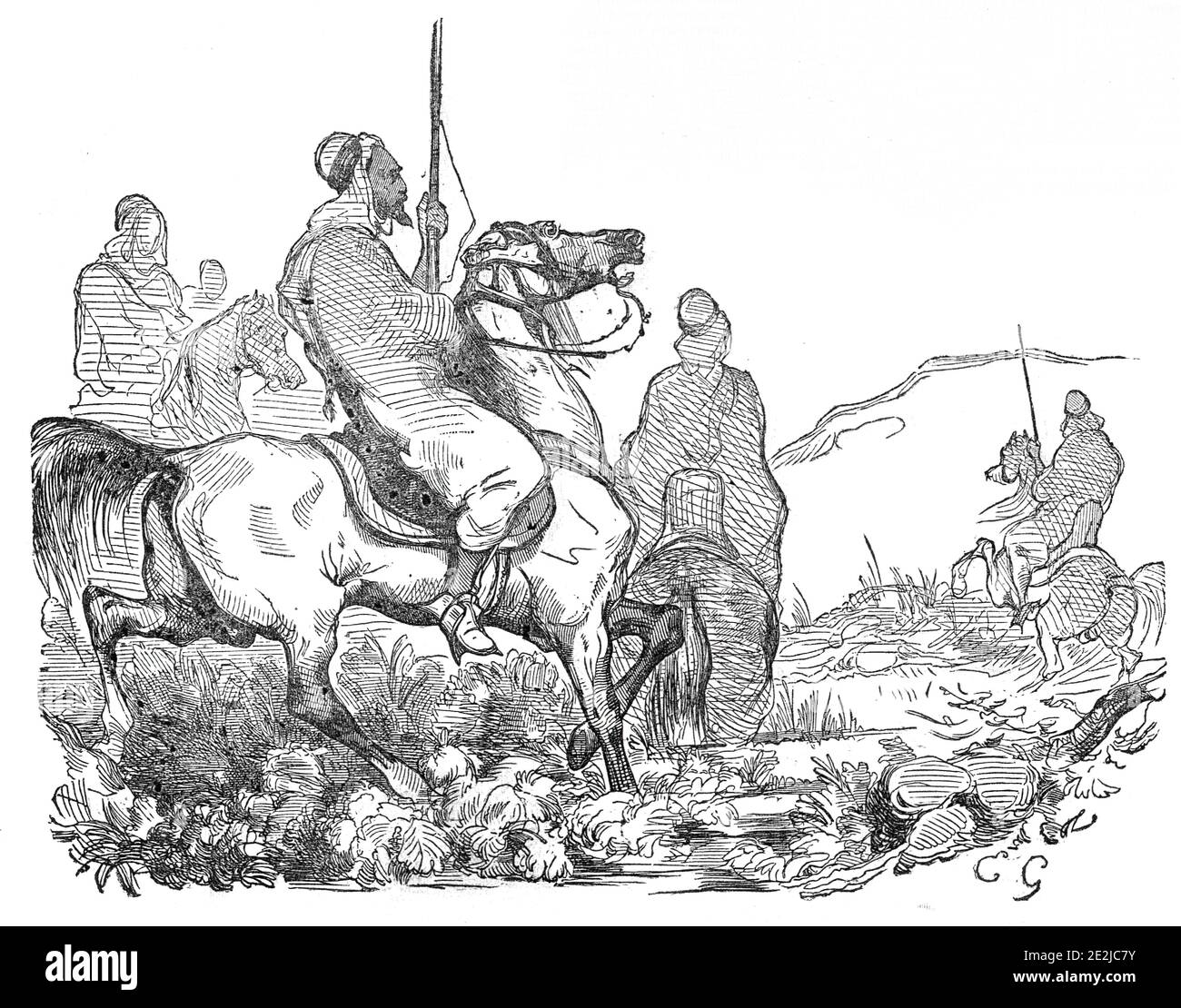 War in Morocco - Arab and Moorish Cavalry, 1844. 'The Emperor of Morocco has not a part in his dominions that might not be taken by a frigate and two bomb-vessels in less than four hours. His army is a farce, and their mode of warfare perfectly childish. The national finances are very trifling. The munitions of war are scanty. The ordnance is dangerously useless, and the art of gunnery is worse than Chinese...'. From &quot;Illustrated London News&quot;, 1844, Vol V. Stock Photo