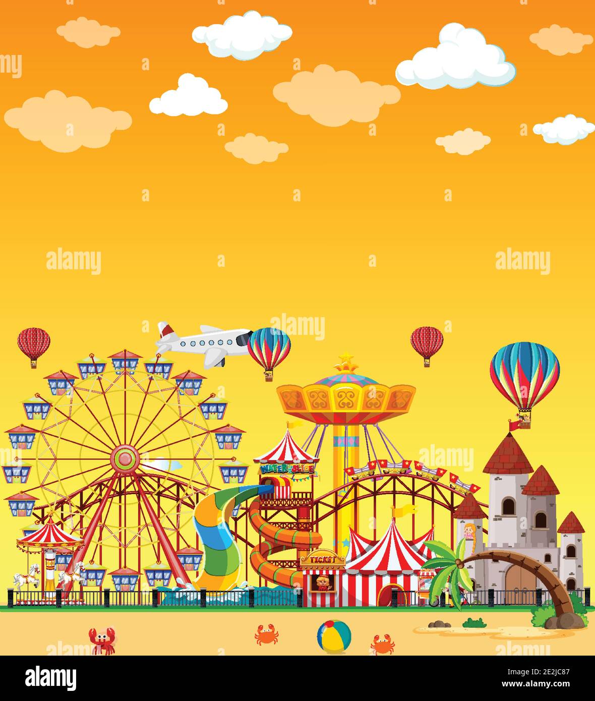 Amusement park scene at daytime with blank yellow sky illustration ...
