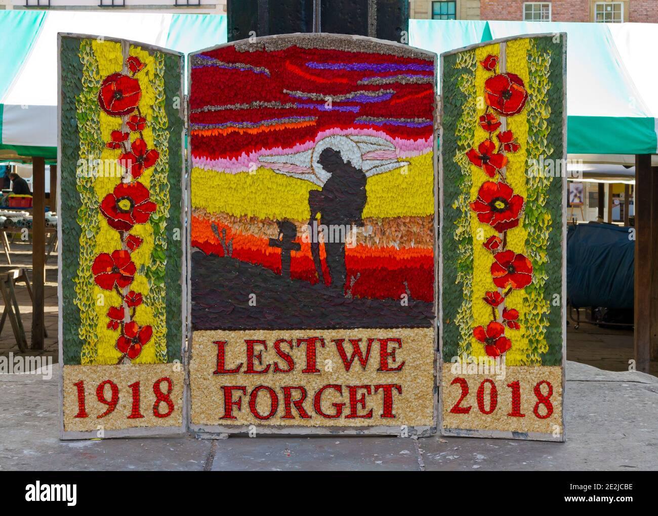 Well dressing in Chesterfield Market Derbyshire England UK to commemorate the 100th anniversary of the end of the First World War in 2018 Stock Photo