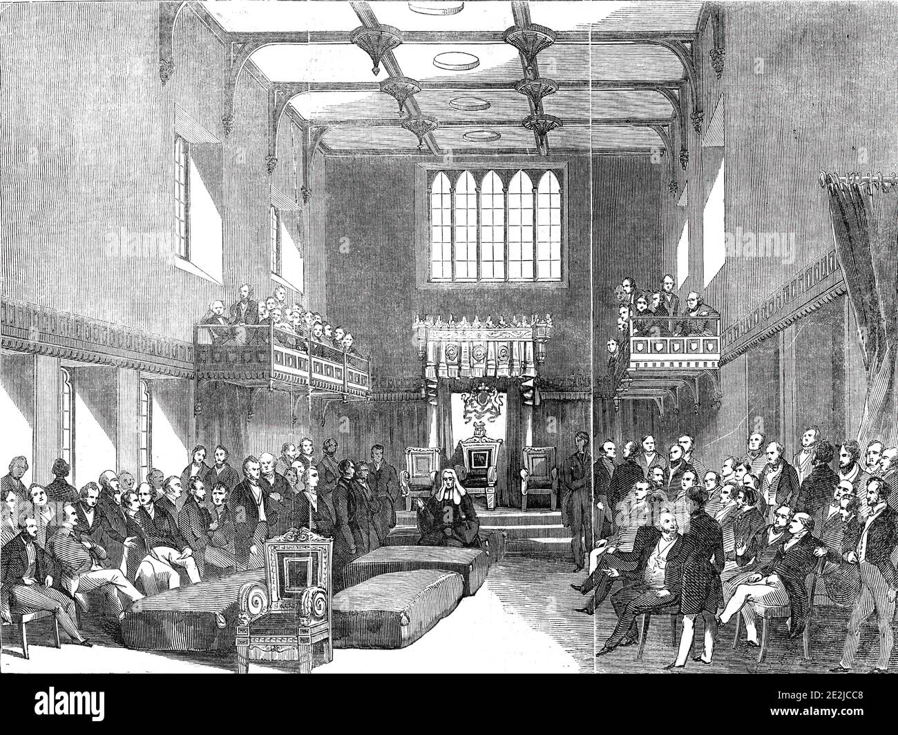 House of Lords - the Lord Chancellor pronouncing judgment in the case of the Queen v. O'Connell, 1844. Interior of the Palace of Westminster in London. Irish nattionalist and political leader Daniel O'Connell had been sentenced twelve months for conspiracy. He was released after three months, the charges having been quashed on appeal to the House of Lords. From &quot;Illustrated London News&quot;, 1844, Vol V. Stock Photo