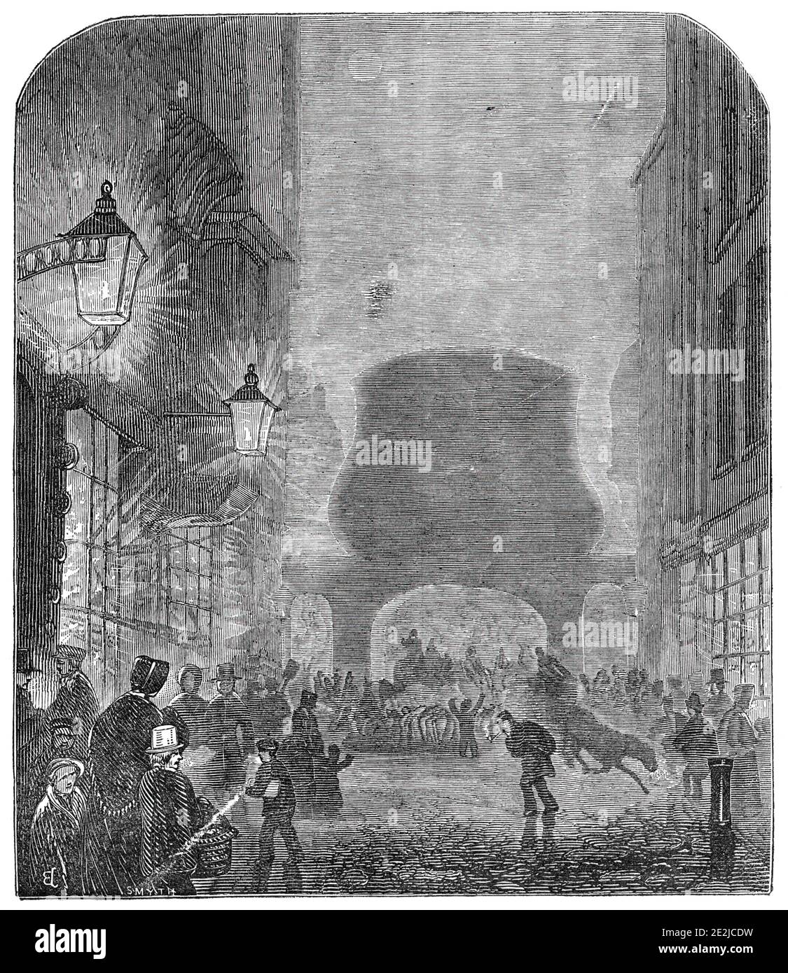 A scene near Temple Bar, during the fog, 1844. Thick fog in the City of London. 'To say that darkness was visible would be to give but a faint idea of the aspect of things about seven o'clock. It was literally pitch dark, and therefore numbers of persons in all directions very appropriately lighted torches. In Fleet-street and the Strand, and the public thoroughfares, there was &quot;confusion worse confounded&quot;. The omnibuses and other vehicles were obliged to proceed at a creeping pace, and foot-passengers, particularly timid ones, were detained some time at the crossings. Even in well-l Stock Photo