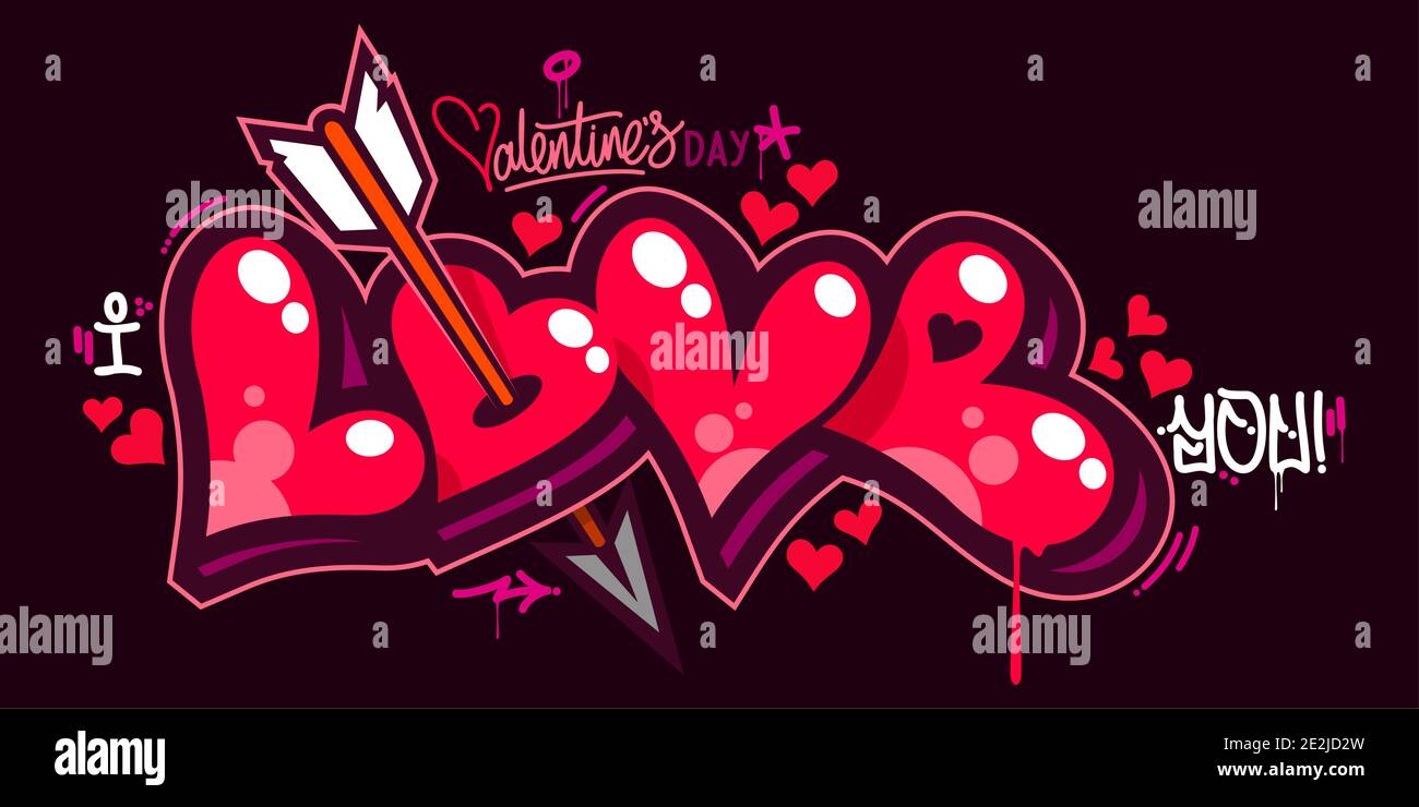 Graffiti Style I Love You With Hearts Text Lettering. Vector Illustration Art For Happy Valentines Day Stock Vector