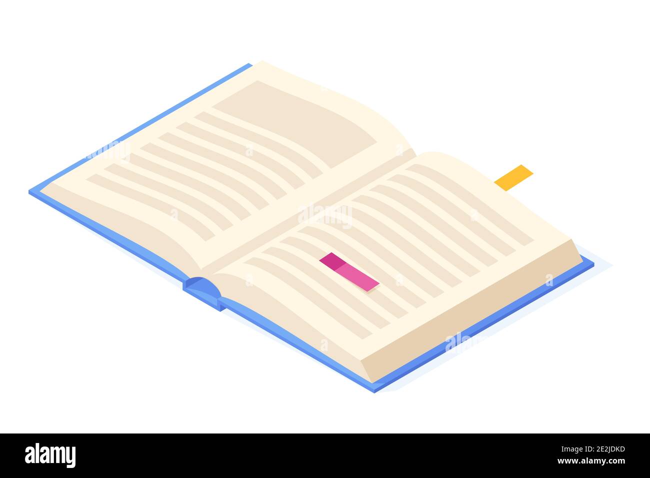 Open book isometric. Paper pages with text, picture and bookmark for education and reading concept. Stock Vector