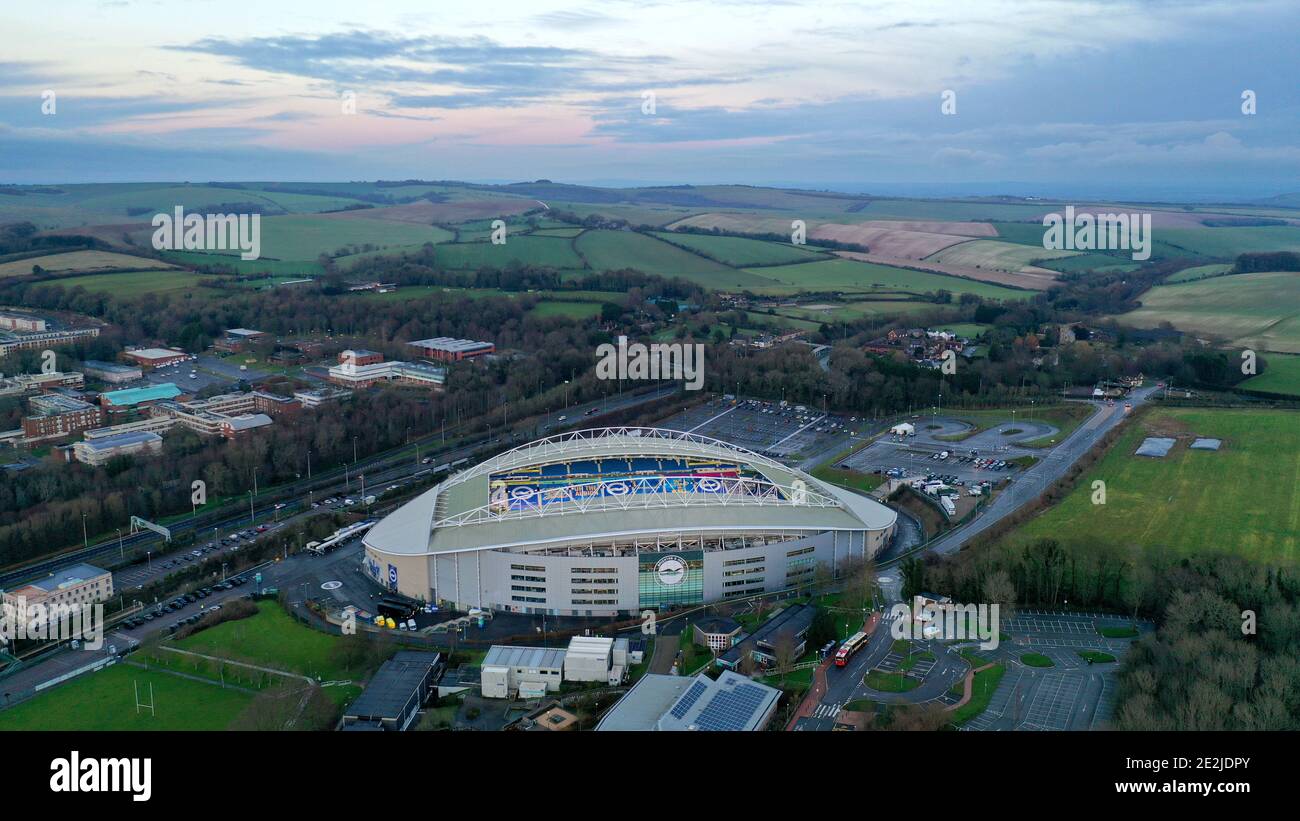 An aerial view of the American Express Community Stadium the home stadium of Brighton & Hove Albion  Copyright 2020 © Sam Bagnall Stock Photo