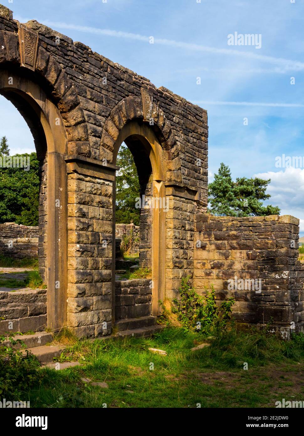 Ruins of Errwood Hall in the Upper Goyt Valley Derbyshire England UK built in 1830s by Samuel Grimshawe but demolished when Errwood Reservoir built Stock Photo