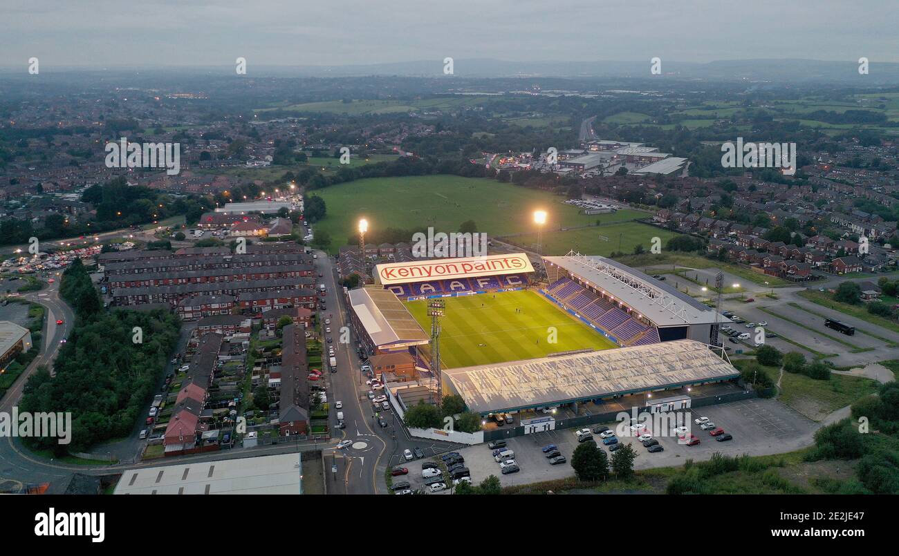 An aerial view of Boundary Park the home stadium of Oldham Athletic ...