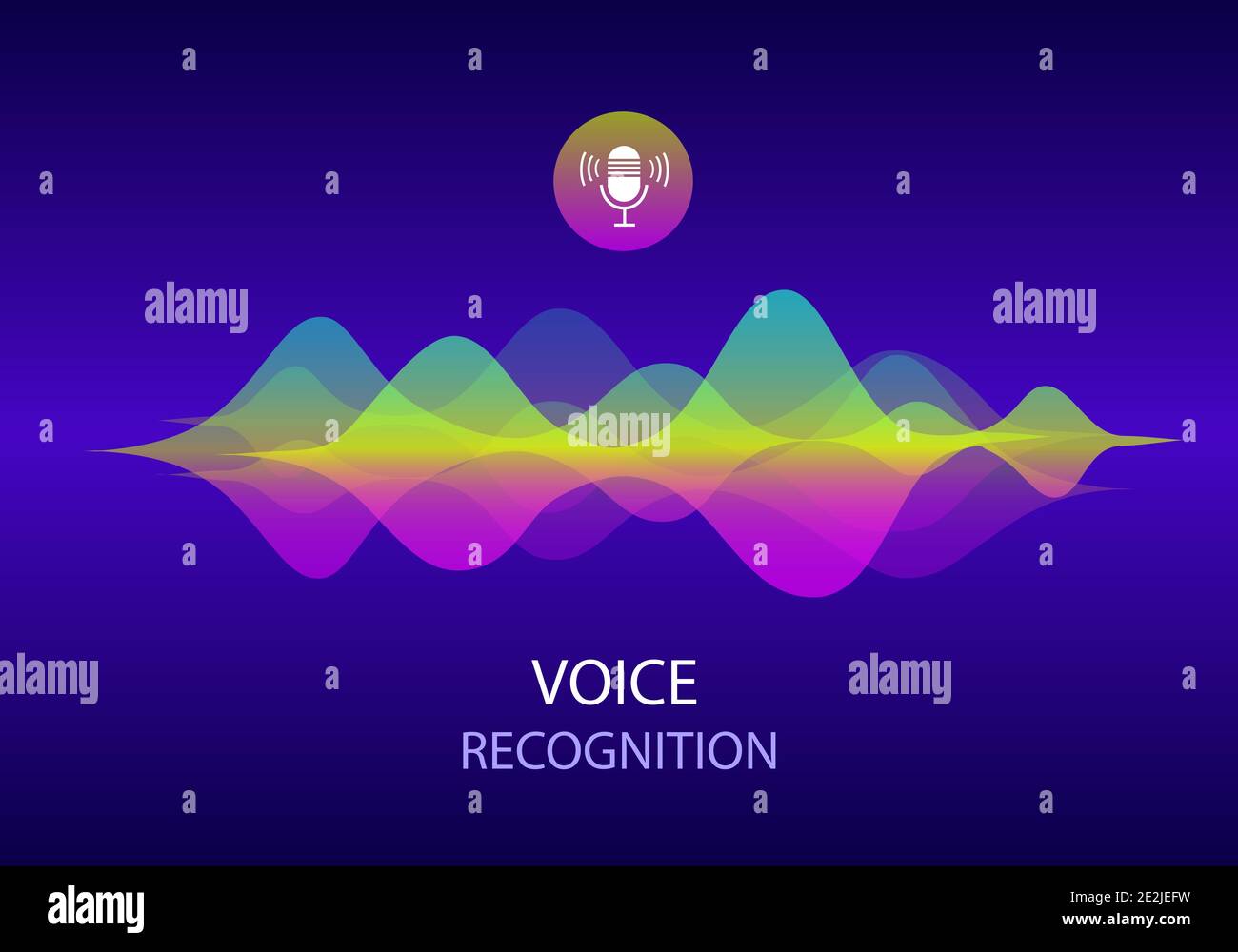 Voice Recognition and Personal Assistant Concept. Illustration of Gradient Vector sound wave and Microphone with bright voice button control. Voice im Stock Vector