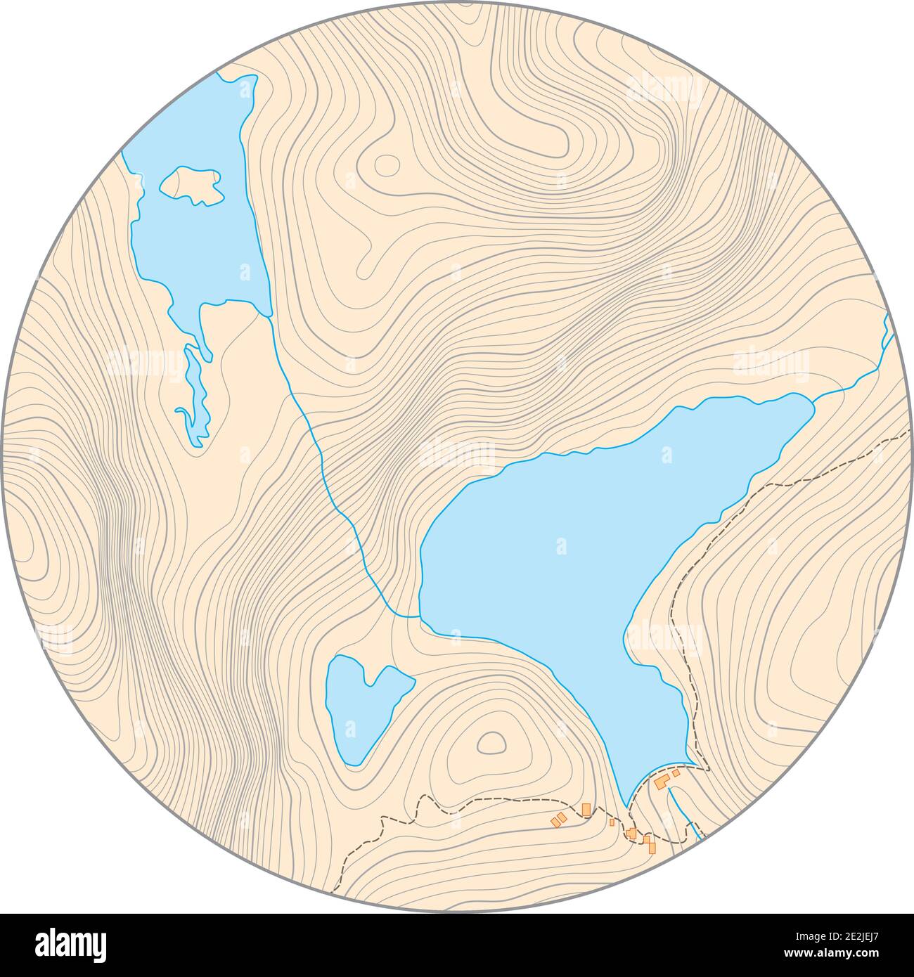 fictional round topographic vector map with elevation lines and yellow background Stock Vector