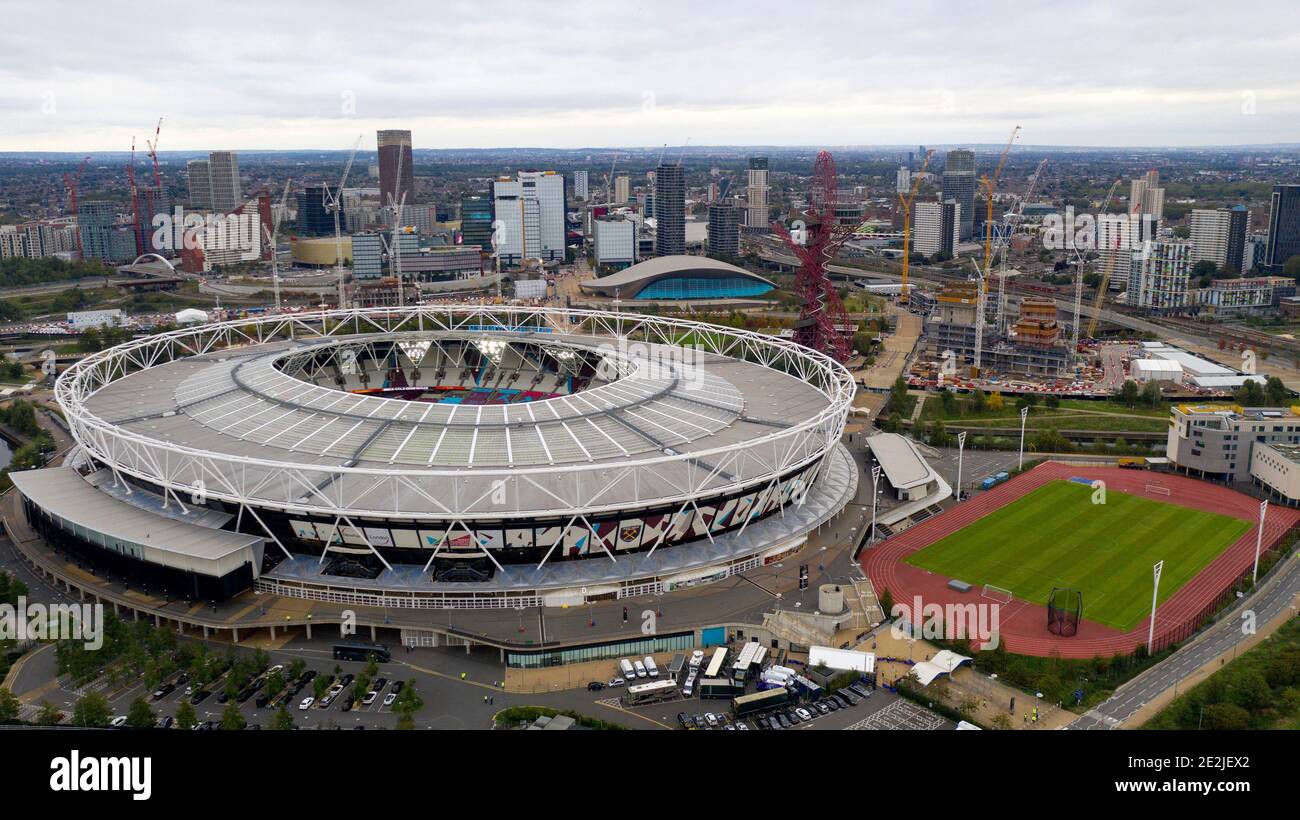 A aerial view of London Stadium, home stadium of West Ham United Copyright 2020 © Sam Bagnall Stock Photo
