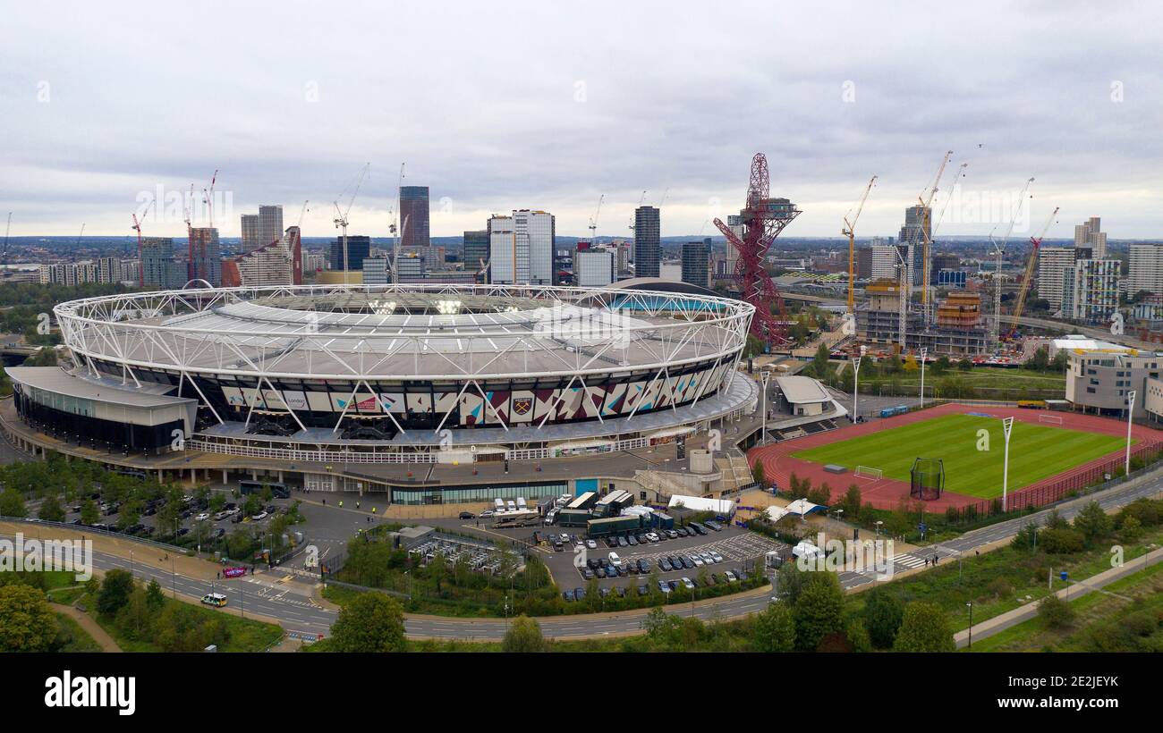 A aerial view of London Stadium, home stadium of West Ham United Copyright 2020 © Sam Bagnall Stock Photo