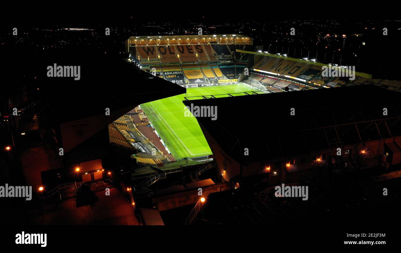 An aerial view of  Molineux the home stadium of Wolverhampton Wanderers at night Copyright 2020 © Sam Bagnall Stock Photo