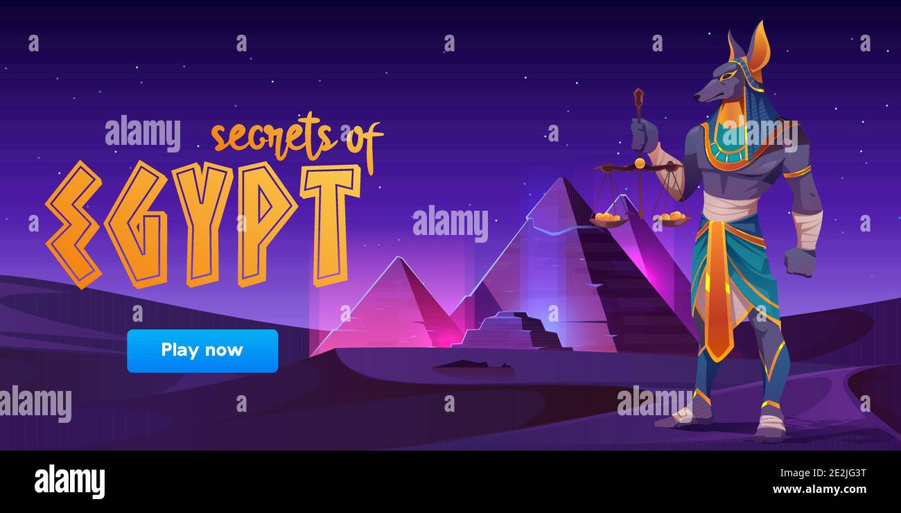 Game banner about Secrets of Egypt with Anubis and pyramids on desert landscape. Vector cartoon background for game ui interface with ancient tombs and egyptian god at night Stock Vector Image & Game banner about Secrets of Egypt with Anubis and pyramids on desert landscape. Vector cartoon background for game ui interface with ancient tombs and egyptian god at night Stock Vector Image &