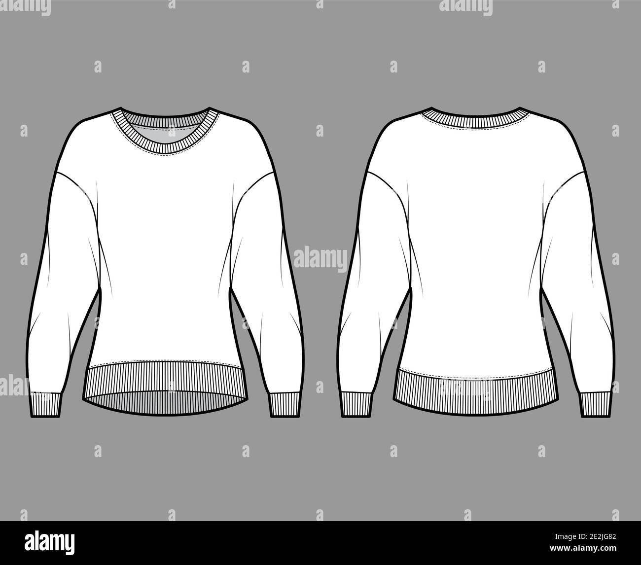 Cotton-terry sweatshirt technical fashion illustration with relaxed fit, crew neckline, long sleeves. Flat outwear jumper apparel template front, back, white color. Women, men, unisex top CAD mockup Stock Vector