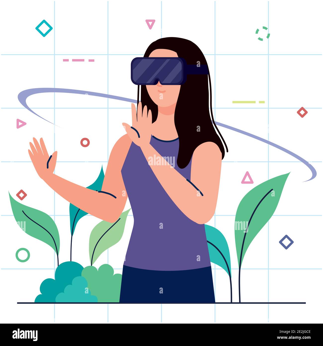 young woman using reality virtual mask and leafs Stock Vector Image ...
