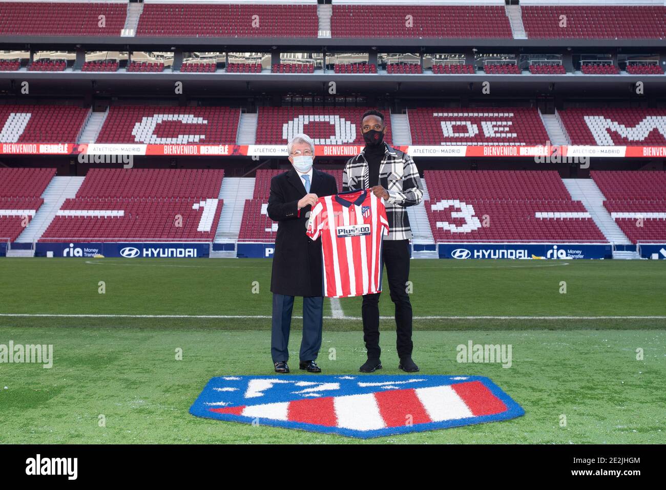 Madrid, Spain. 14th Jan, 2021. Official presentation of Moussa Dembelé as a  new Atletico de Madrid player at the Wanda Metropolitano Stadium and his  first training session at the Wanda de Majadahonda