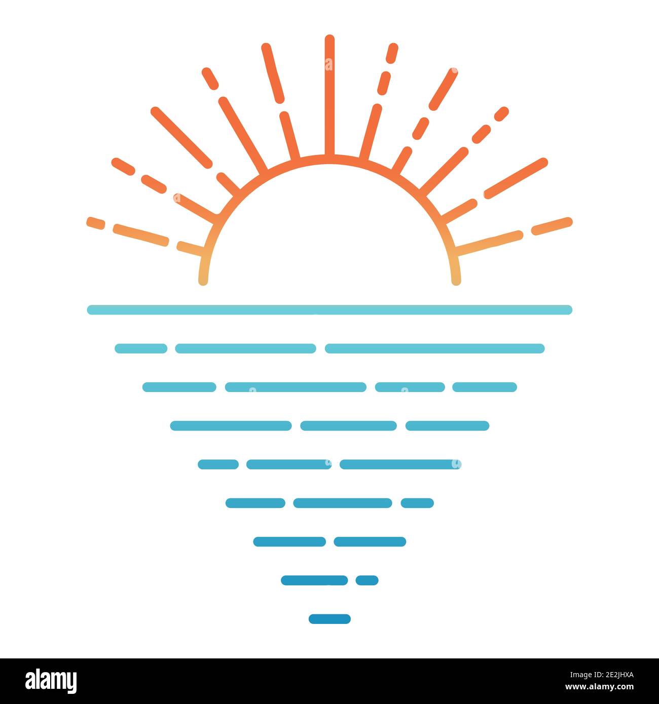 Sunrise sunset over the sea ocean, rays of light reflected from the water, vector sun sea minimalist icon symbol tourism and travel Stock Vector