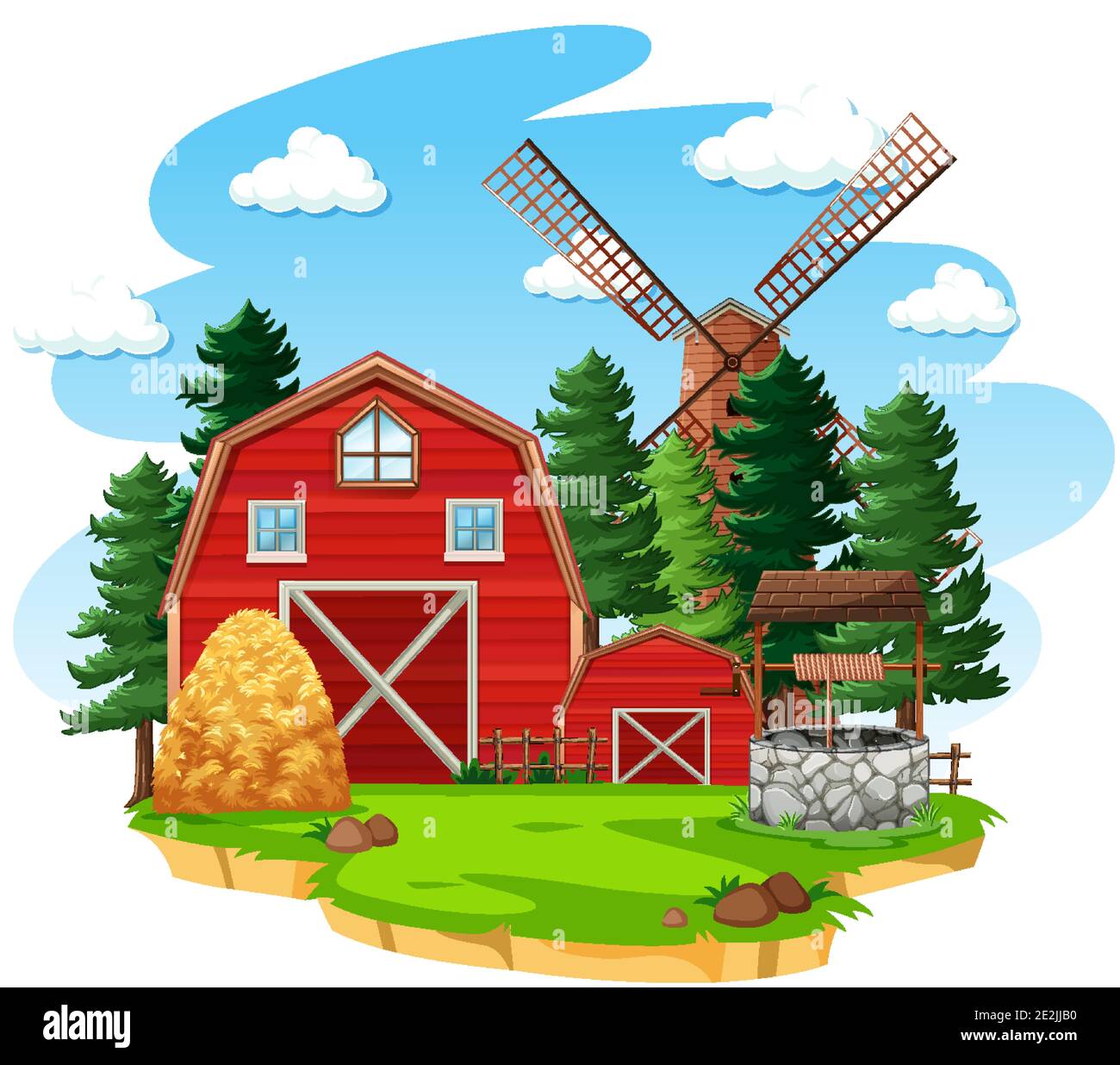Farm with red barn and windmill on white background illustration Stock Vector