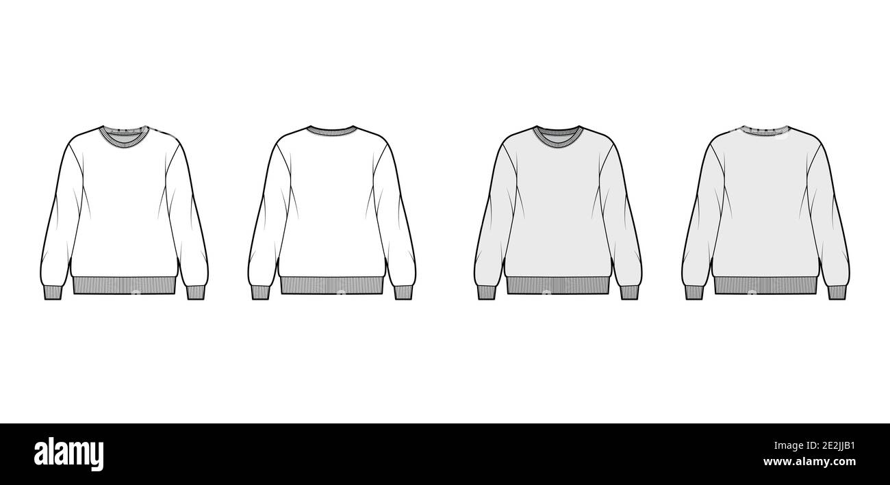 Cotton-terry oversized sweatshirt technical fashion illustration with relaxed fit, crew neckline, long sleeves. Flat jumper apparel template front, back white, grey color. Women, men, unisex top CAD Stock Vector
