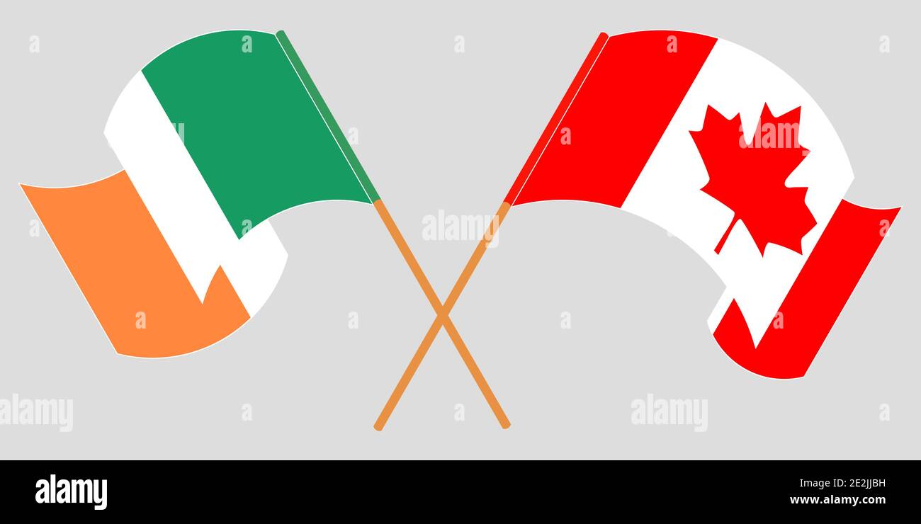Crossed and waving flags of Ireland and Canada. Vector illustration Stock Vector