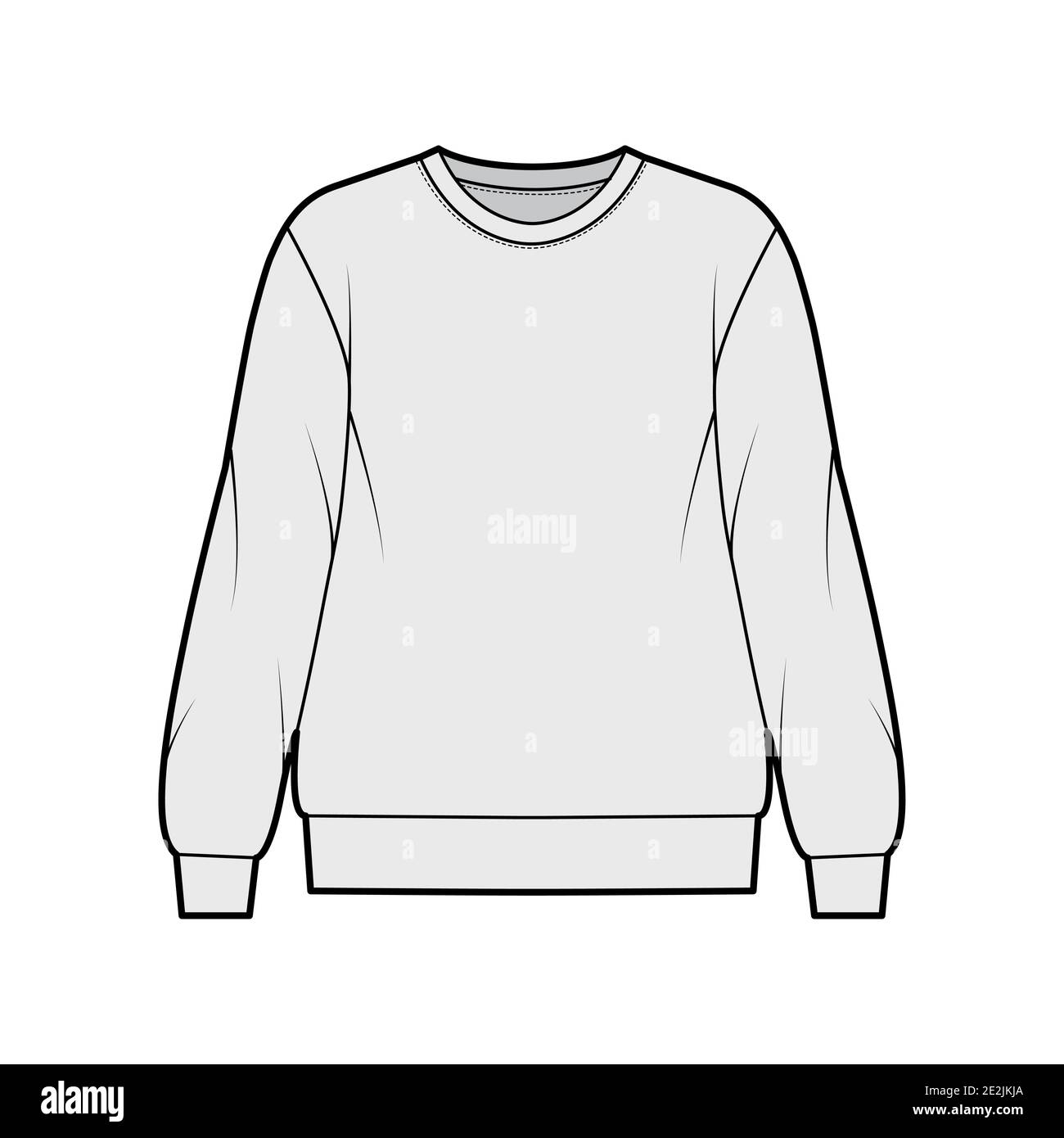 Cotton-terry oversized sweatshirt technical fashion illustration with relaxed fit, crew neckline, long sleeves. Flat outwear jumper apparel template front, grey color. Women, men, unisex top CAD Stock Vector