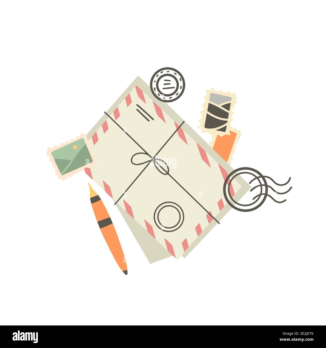 Hand drawn flat illustration of paper envelopes, marks, stamps and pen. Old mail delivery. Letters and Correspondence. Vector illustration for banners Stock Vector